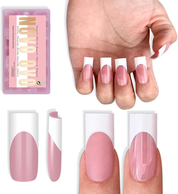 NOVO OVO Medium Sharp Square White French Tip Nail Tips Press on BERRY PINK, Extra Thick NEED Builder Glue Gel & Top Coat, Soft Gel Full Cover False Fake Nail Extension for Salon DIY x 15 Sizes 180 pc