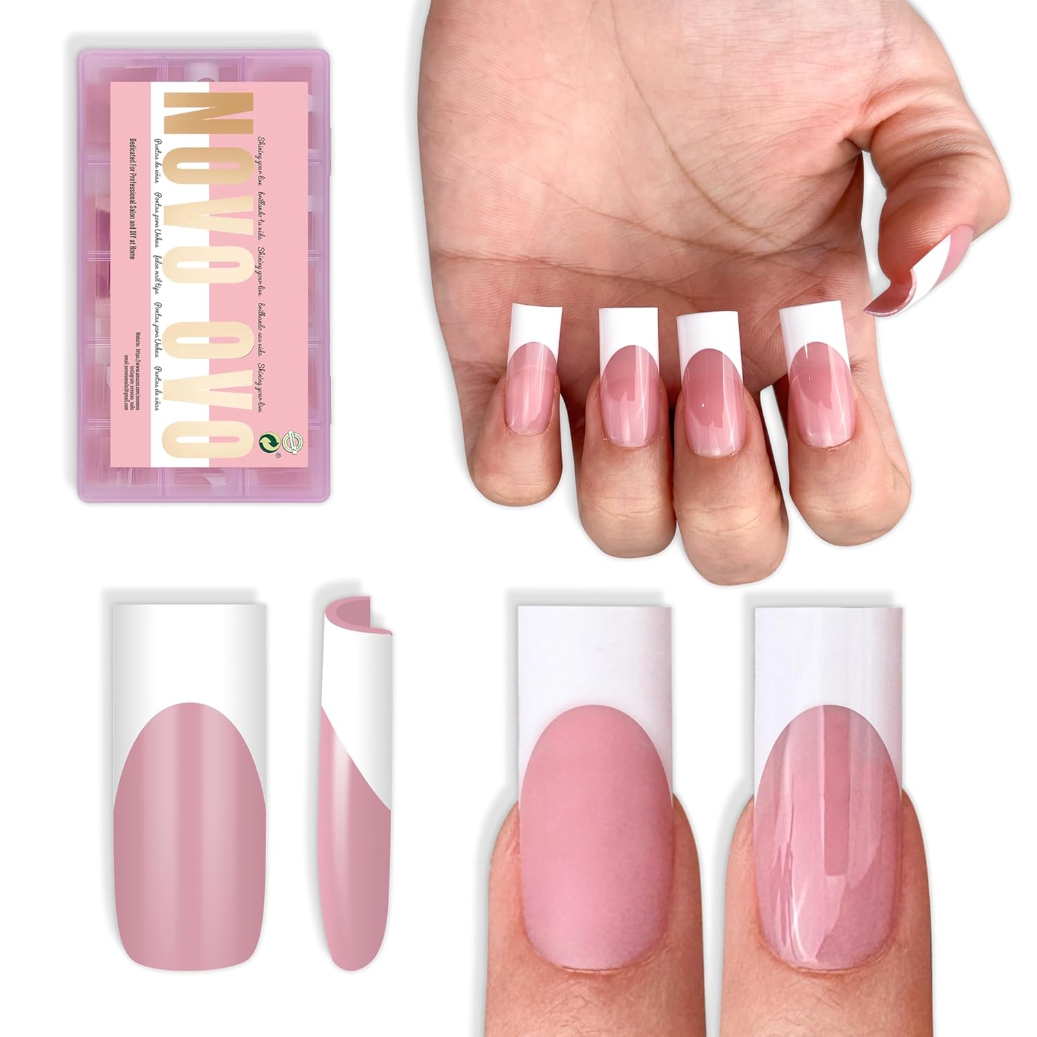 NOVO OVO Medium Sharp Square White French Tip Nail Tips Press on BERRY PINK, Extra Thick NEED Builder Glue Gel & Top Coat, Soft Gel Full Cover False Fake Nail Extension for Salon DIY x 15 Sizes 180 pc