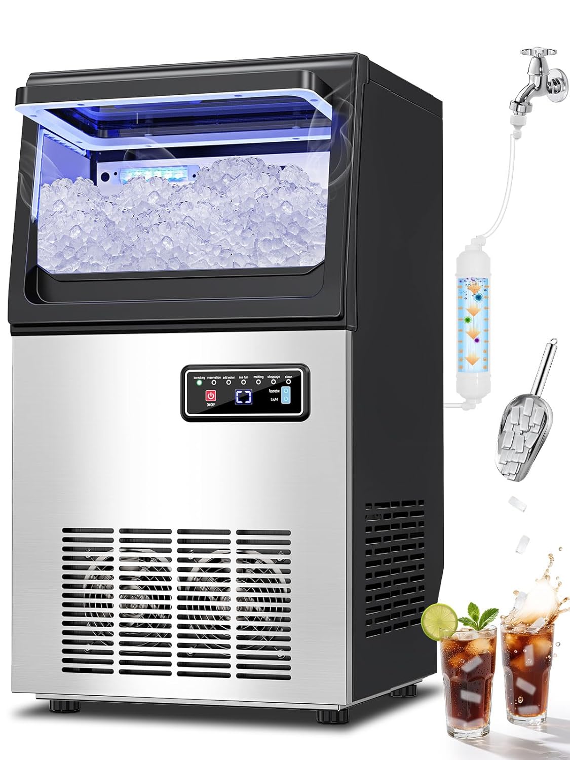 Commercial Nugget Ice Maker Machine with 12Lbs Storage Bin, 70Lbs/24H Stainless Steel Undercounter/Freestanding Pellet Crushed Chewable Ice Maker with Self-Cleaning for Home, Party, Office