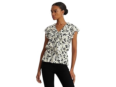 Lauren Ralph Lauren Leaf-Print Ruffle-Trim Jersey Peplum Top Women