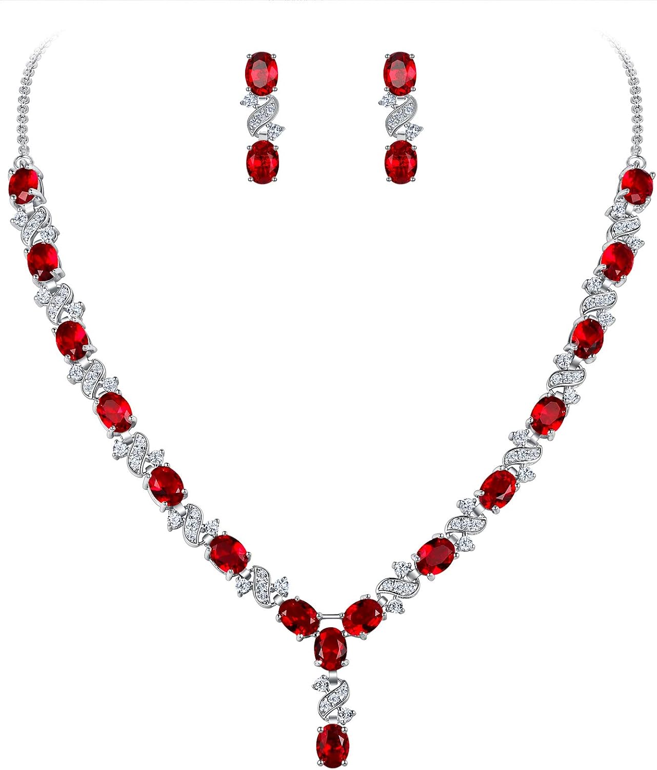 Clearine Women's Wedding Bridal Cubic Zirconia Infinity Y-Shape Tennis Necklace Dangle Earrings Set Ruby Silver-Tone