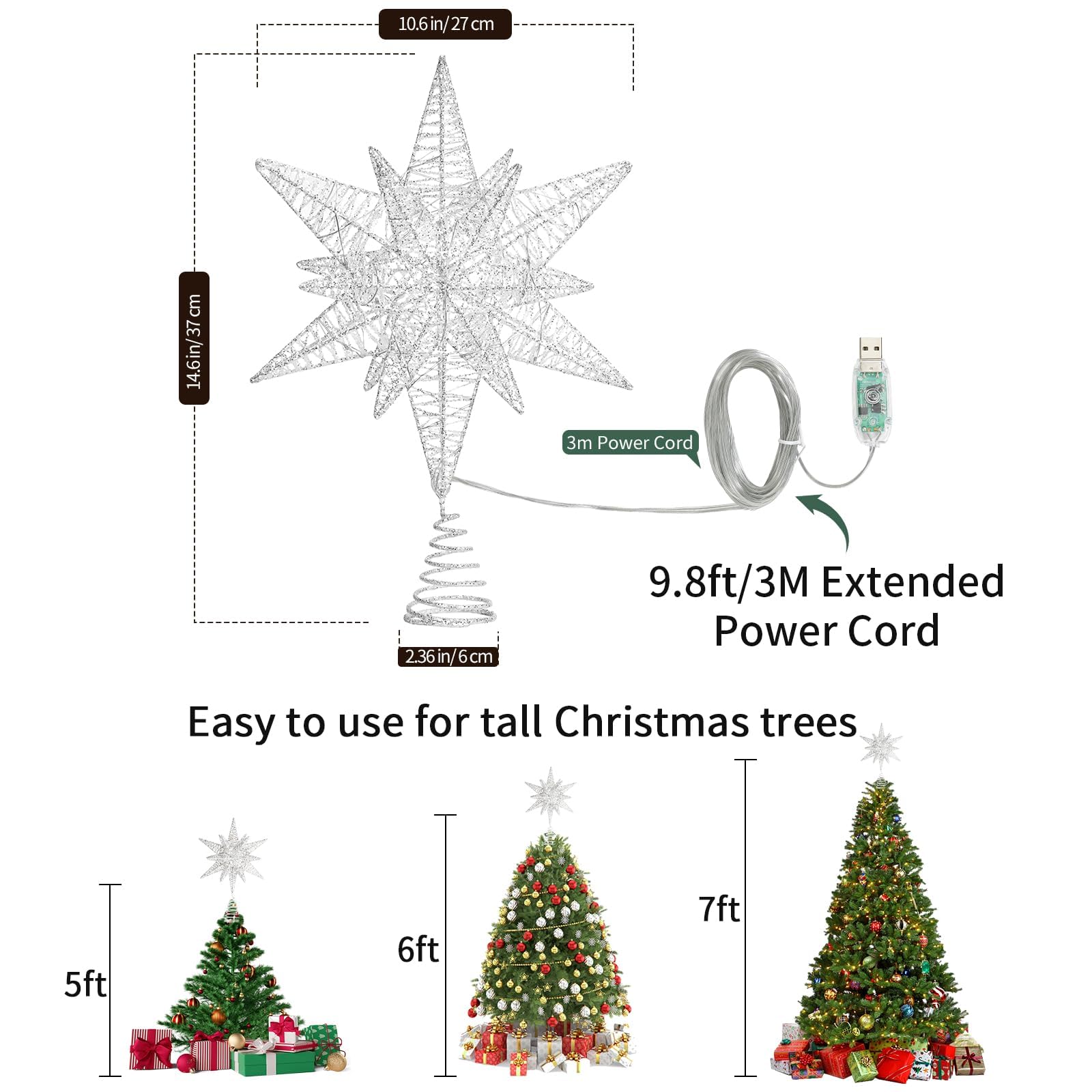 Lewondr Estrella para Copa del Árbol, 28CM Adorno para Árbol de Navidad con 8 Modos de Luces por USB con Mando a Distancia & Temporizador, Decoración Navideña del Hogar, Luz Cálida, Plata Blanco