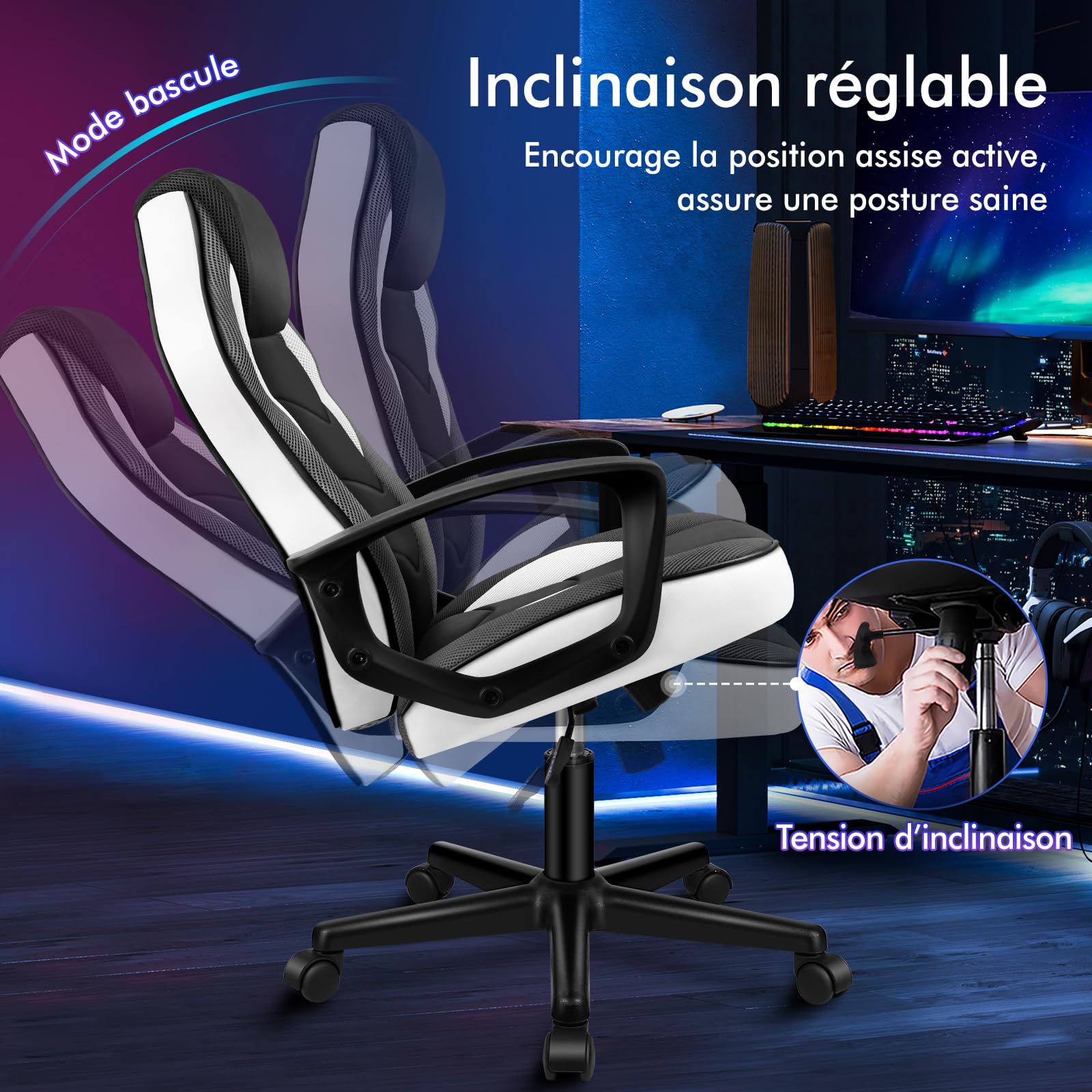 ALFORDSON Chaise de Bureau Racing, Chaise de Bureau Ergonomique réglable en Hauteur et rembourrée, capacité de Charge de 150 kg, Chaise de Jeu PC pivotante pour Bureau à Domicile,Blanc