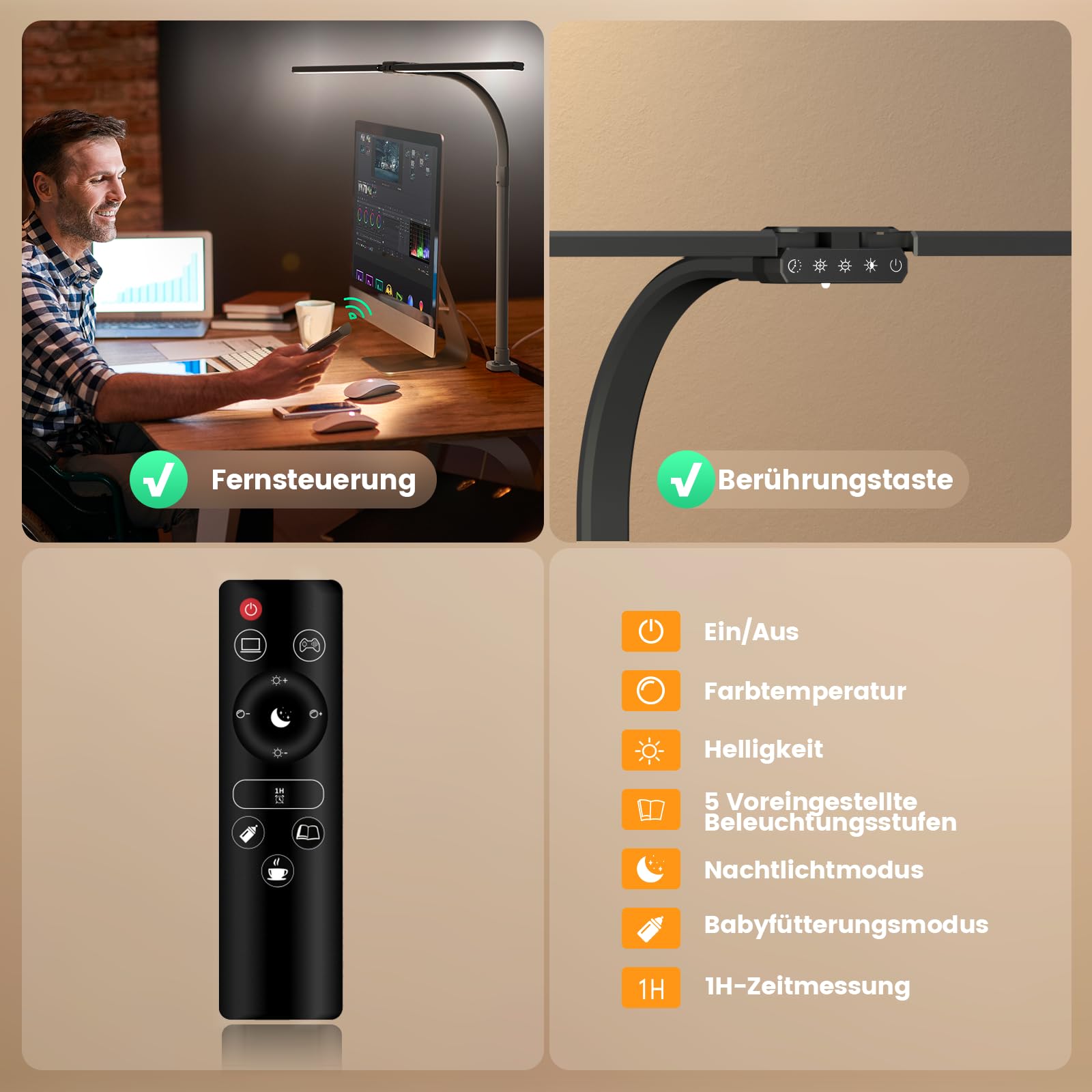 SIBRILLE Lámpara de escritorio de doble cabeza LED regulable, 22 W 80 cm, lámpara de luz diurna con mando a distancia, lámpara de mesa giratoria, protección ocular, cuello de cisne