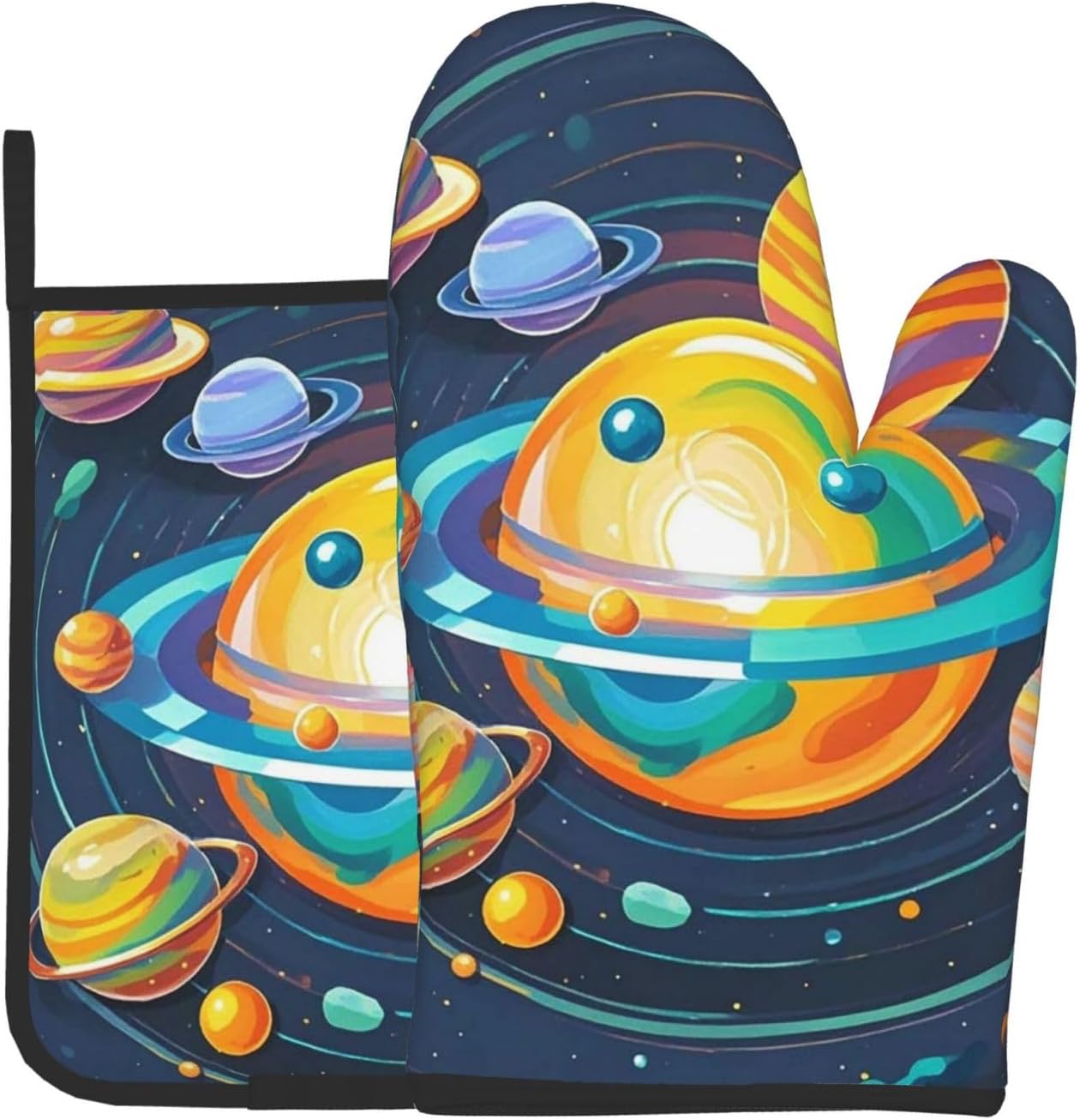 Oven Mitts and Pot Holders 2 pcs Set Heat Resistant Oven Gloves for Cooking Colorful Solar System Oven Mitts Non-Slip Silicone Oven Mittens Hot Pad for Baking BBQ