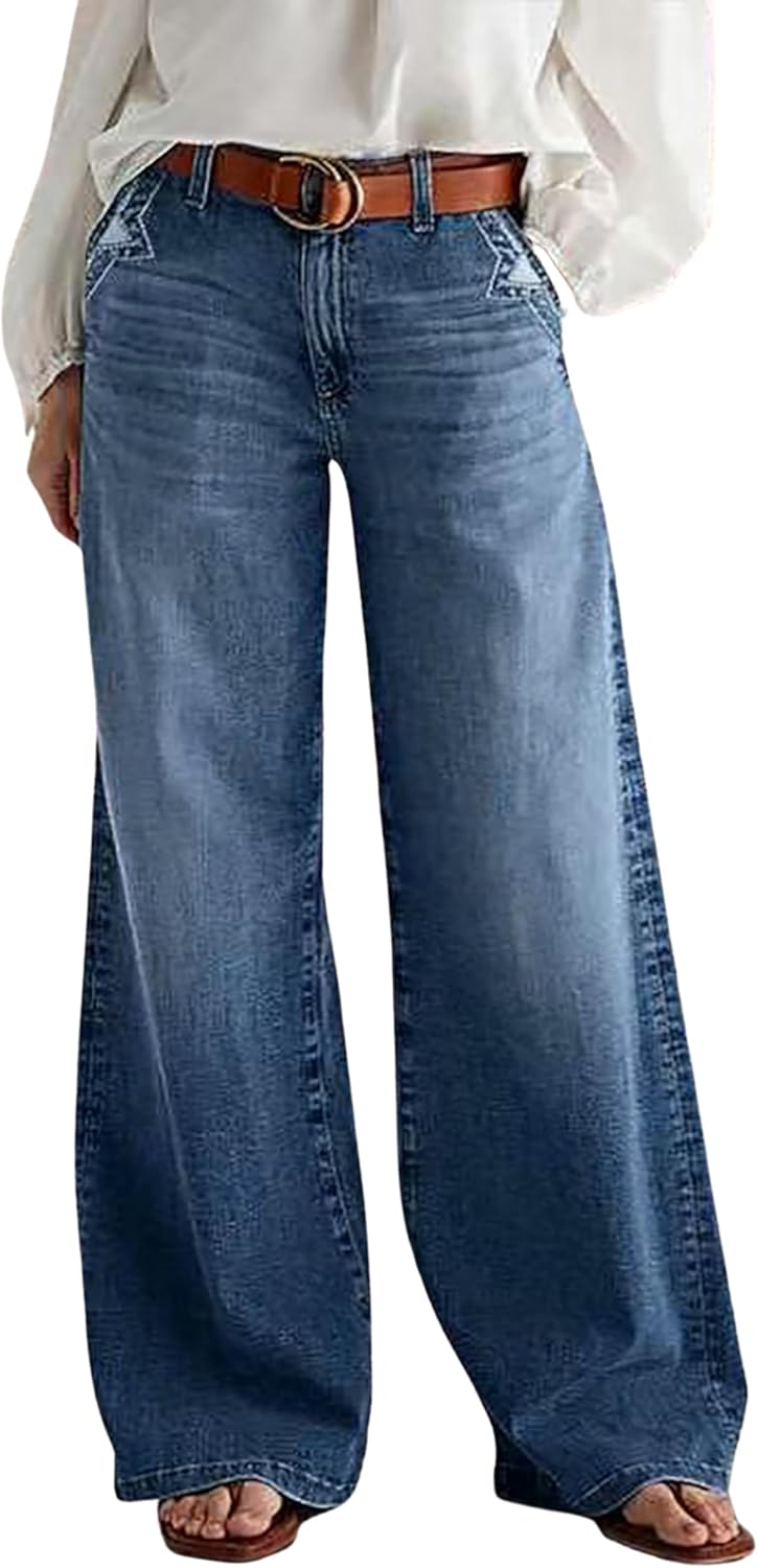 Women's High Waisted Wide Leg Jeans Star Embroidery Pocket Relaxed Fit Straight Leg Denim Pants Vintage Washed Baggy Trousers