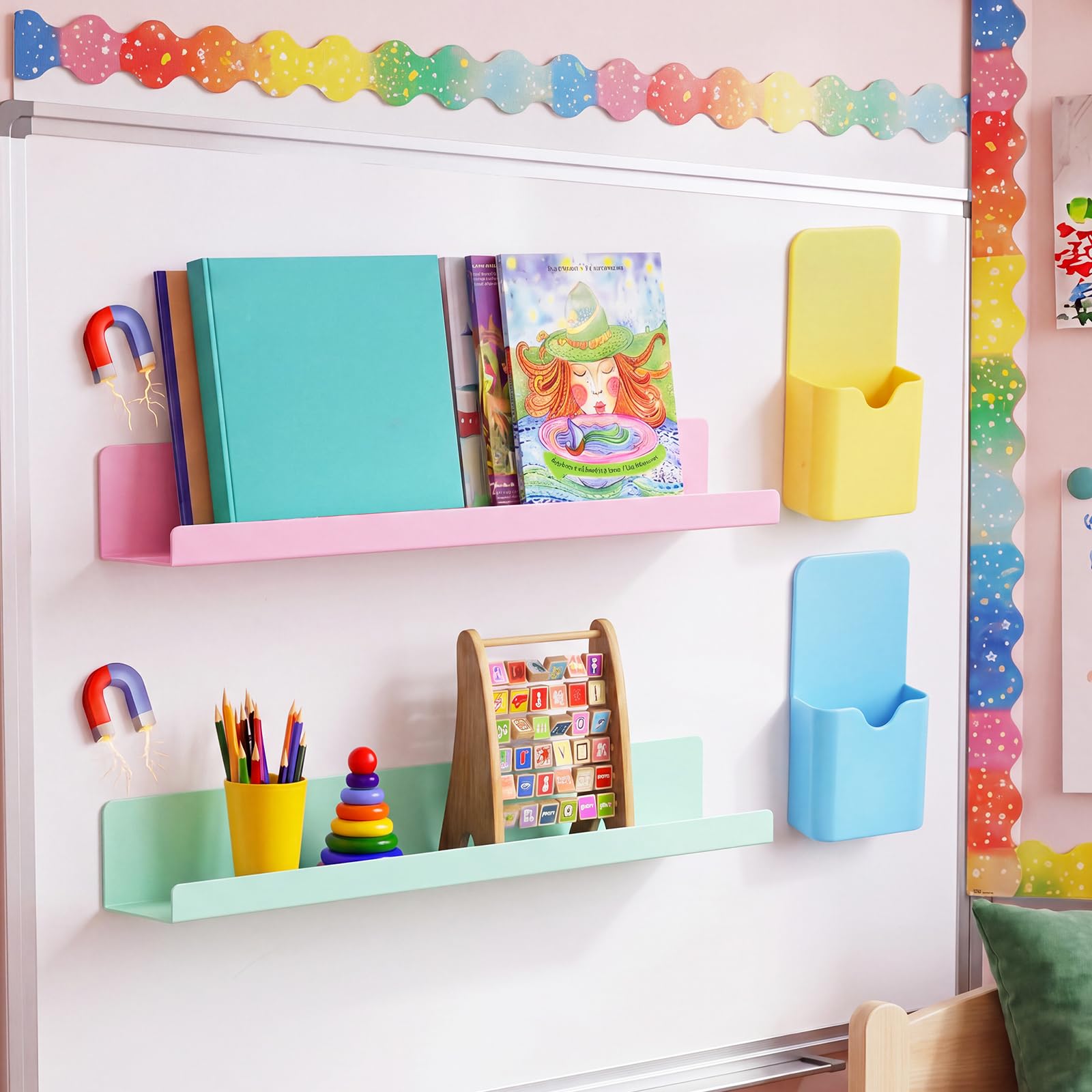 Chumia Magnetisches Bücherregal für Whiteboard mit magnetischem Stifthalter, 41,5 cm, 2,9 kg, wiederverwendbarer Buch- und Stifthalter, buntes Bücherregal für Lehrer, Büro, Klassenzimmer, Schulbedarf
