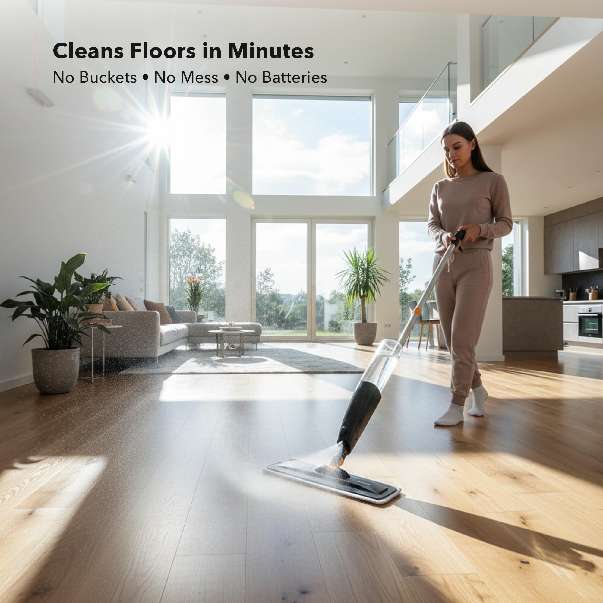 OVENTE Fregona pulverizadora de Microfibra para Limpieza de Suelos con Botella Recargable, Almohadilla Lavable y Reutilizable, Limpiador húmedo inalámbrico de Giro de 360° para Madera Dura, cerámica