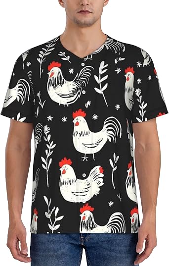Laying Hens and Roosters Pattern Baseball Jersey for Men V Neck Sports Uniforms Casual Button Shirt