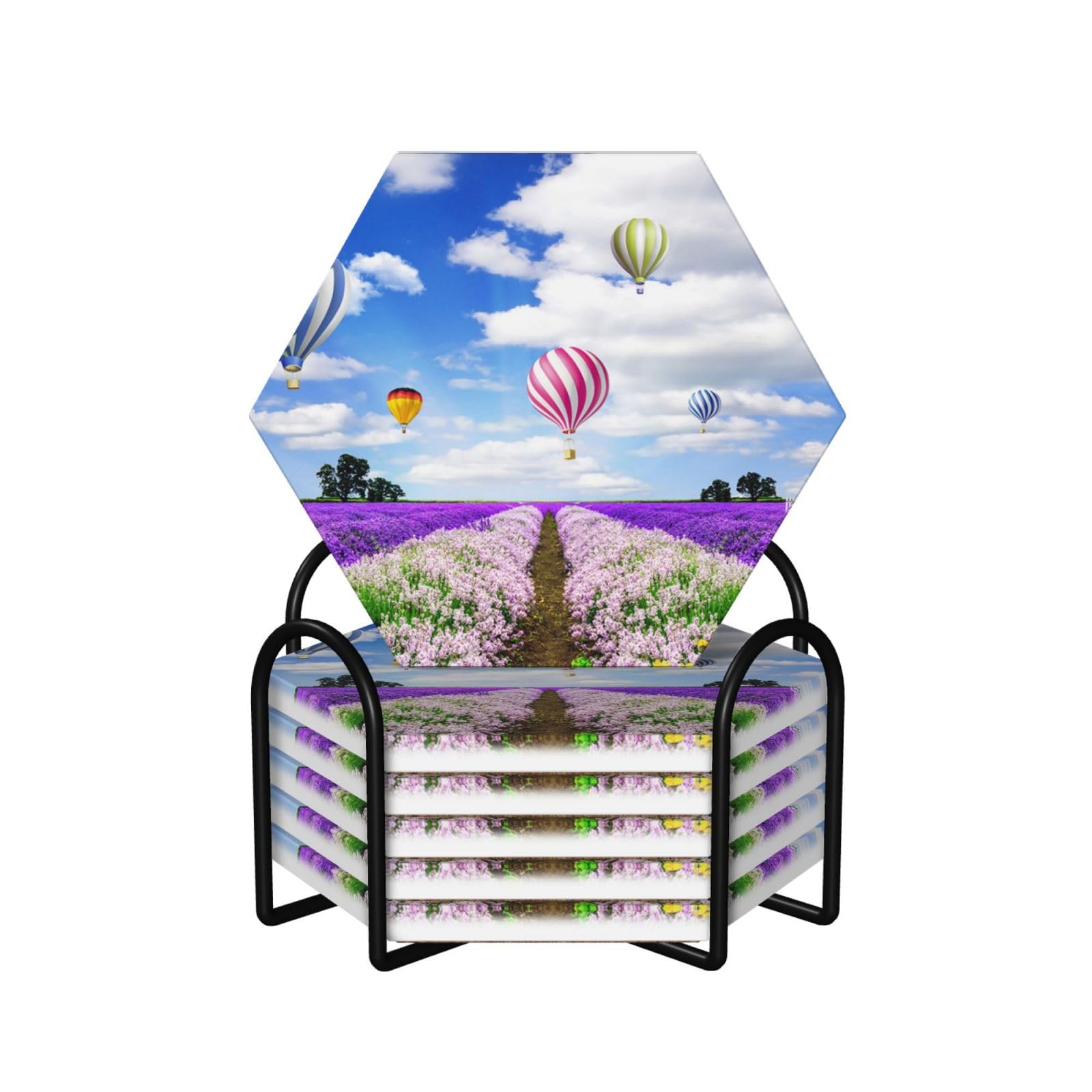 Dessous de verre montgolfière lavande en céramique avec support (Lot de 6 ronds)