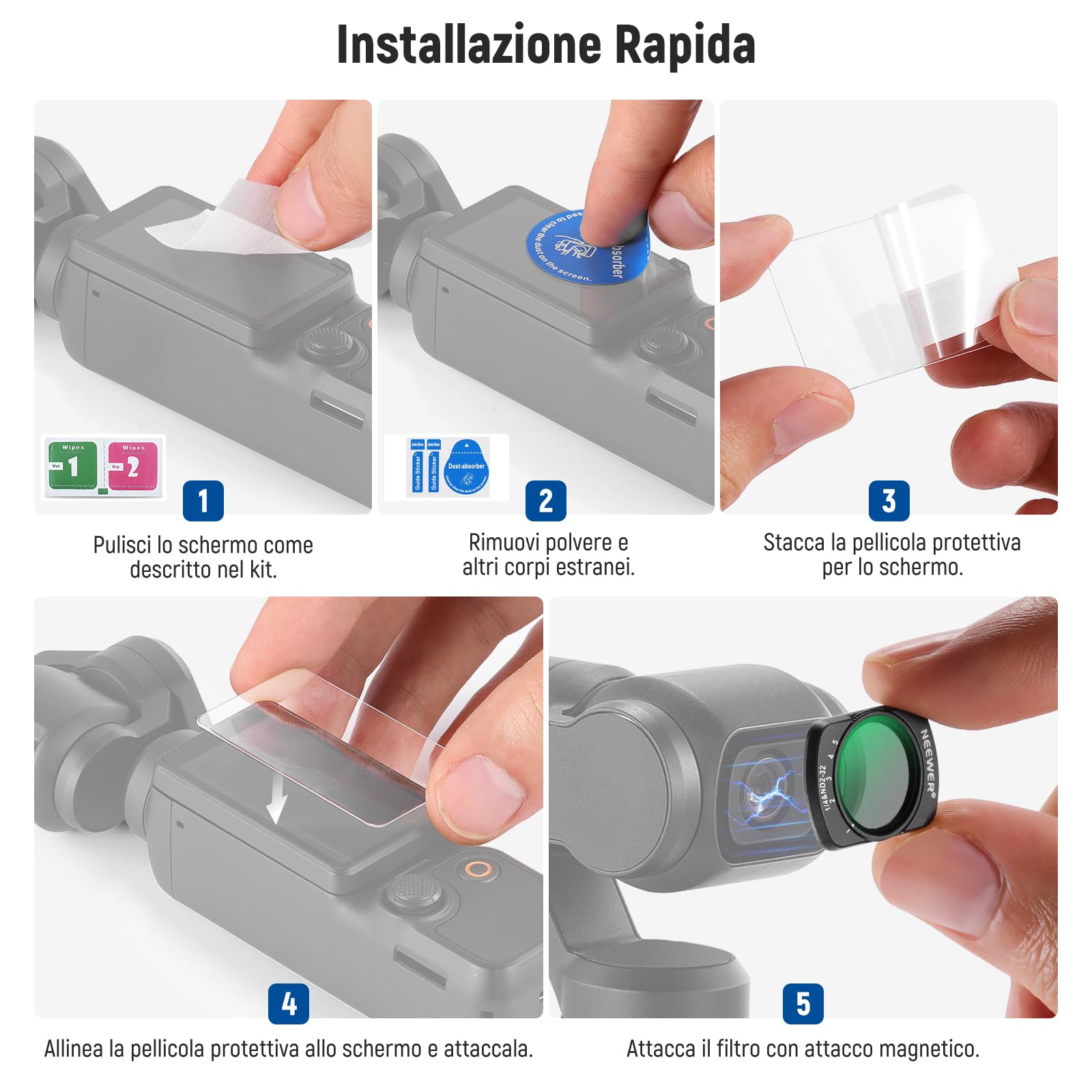 NEEWER Filtro 2 in 1 ND2-32 Variabile e Black Diffusion 1/4 Compatibile con DJI Osmo Pocket 3/ Pocket 4 / Xtra Muse, Magnetico per Action Camera con Protezioni Schermo e Panni di Pulizia