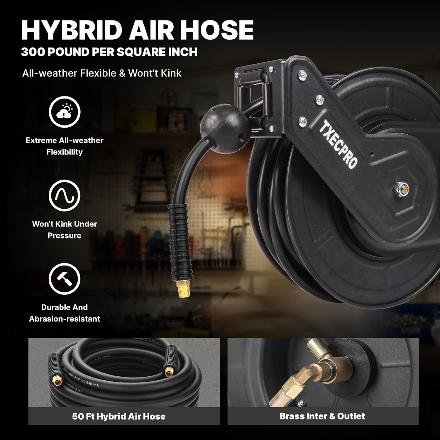 Retractable Air Hose Reel, 3/8 IN x50FT Hybrid Air Hose,Max 300 PSI, Air Compressor Hose Reel with 5 ft Lead in, Ceiling/Wall Mounted,Heavy Duty Air Tool