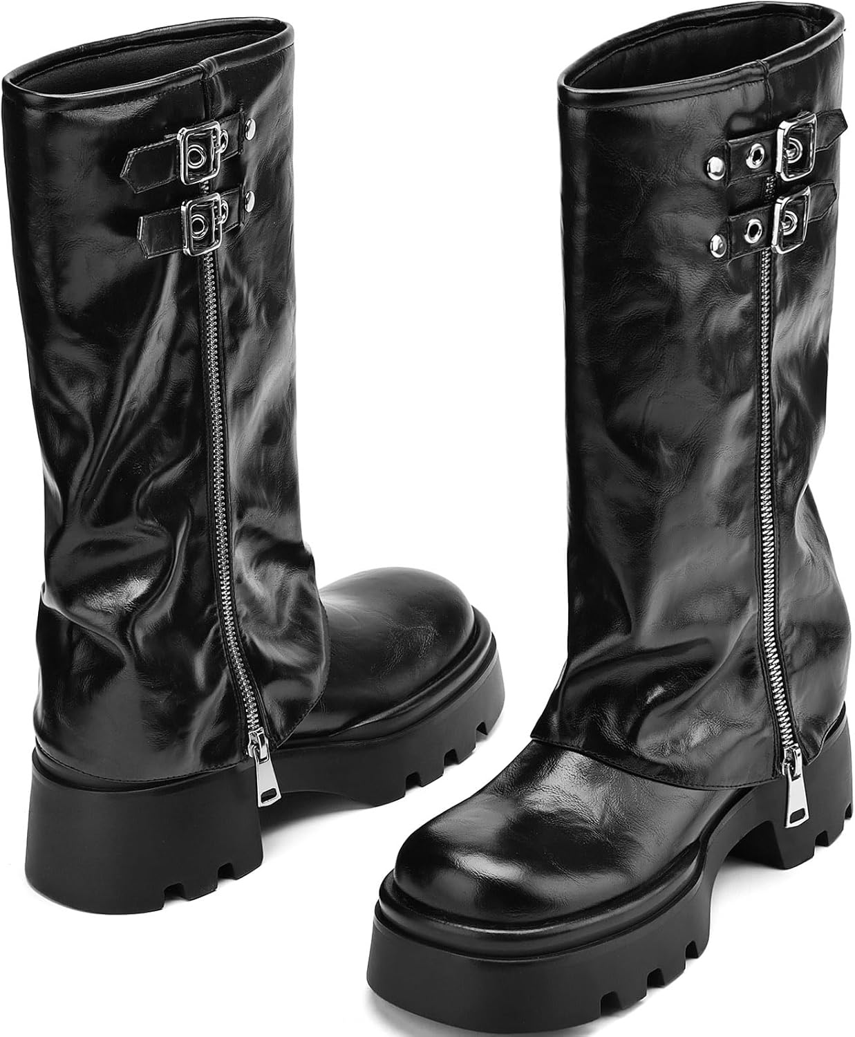 Knee High Boots Women Chunky Platform Moto Riding Boots Slouchy Fold Over Wide Calf Motorcycle Biker Boots for Women with Fashion Buckle - Image 5