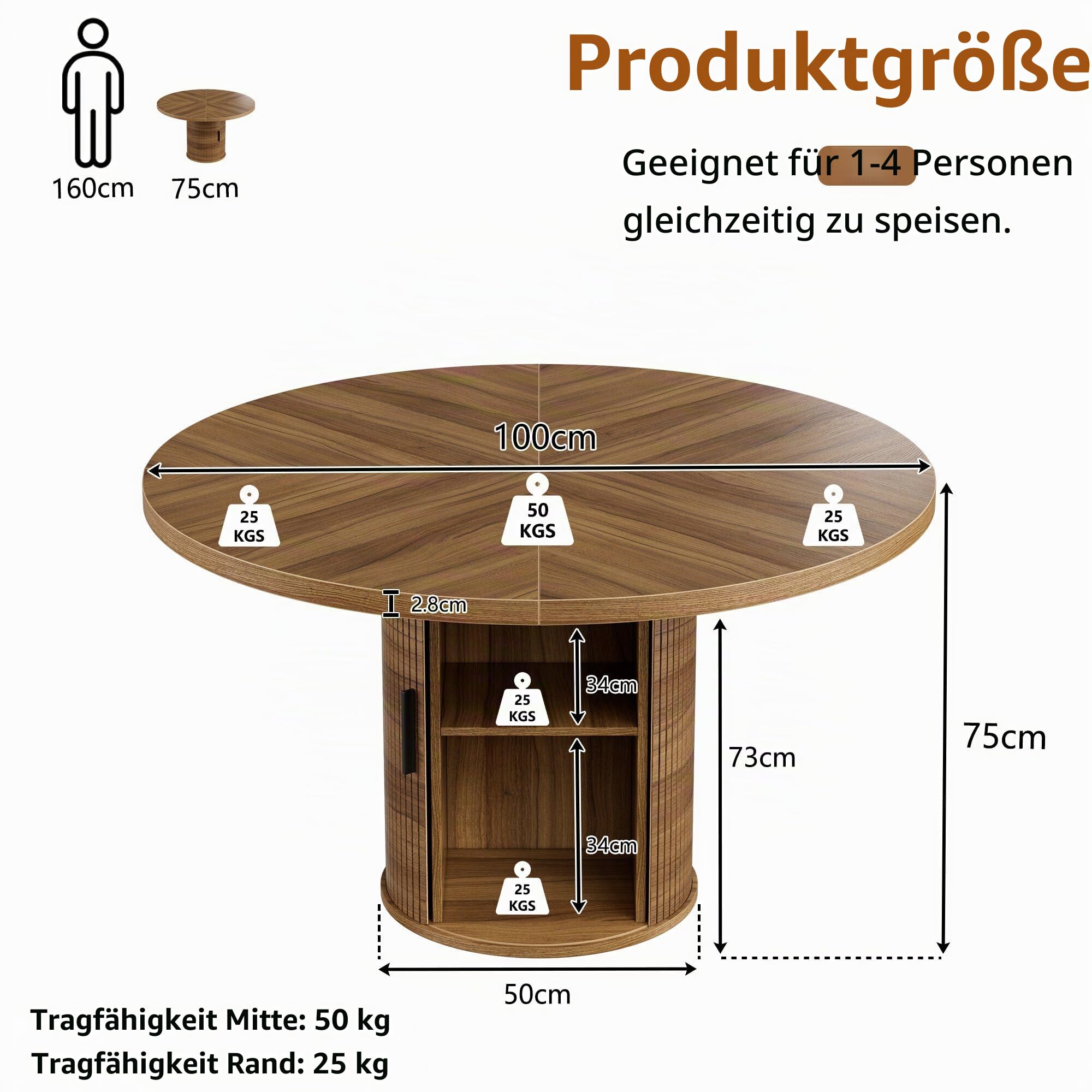 MSFE Runder Esstisch mit 2-lagigem Lagerregal und Holzschiebetür Küchentisch 100CM Moderner Küchentisch für 4 Personen Esszimmertische Stabil Esszimmertisch Rund aus Holz für Esszimmer Wohnzimmer