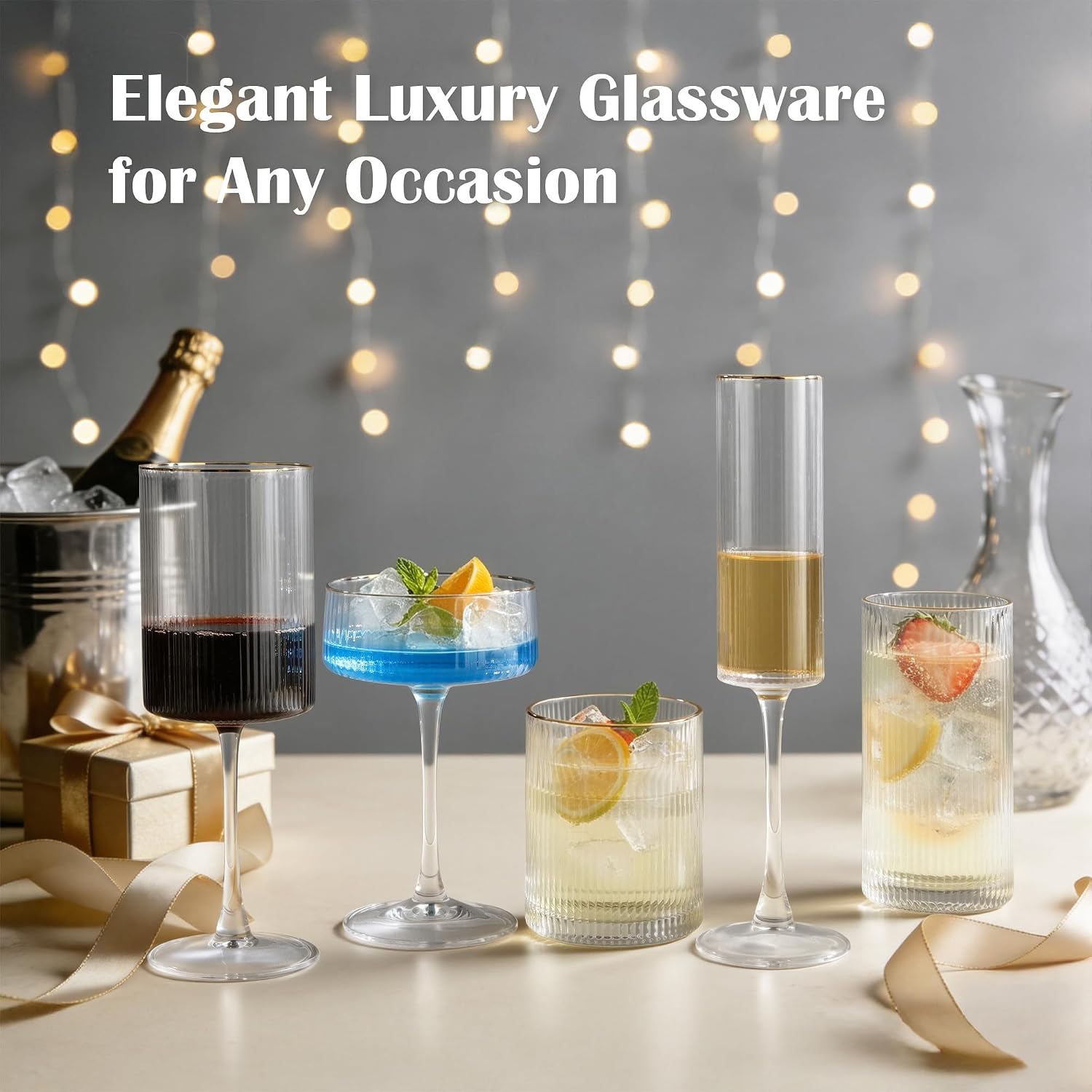 Joeyan Gold Rim Ribbed Coupe Glasses Set of 2, 9oz Hand Blown Crystal Martini Glasses with Stem, Vintage Cocktail Glass, Elegant Glassware for Espresso Martini, Margarita, Champagne, Home Bar& Gift