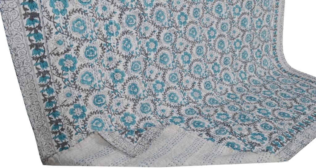 Indian Cotton Block Print Kantha Quilt Twin Size/Queen Size Kantha Quilt Twin Coverlet Quilt Throw Bohemain Bedspread Blanket (Pink, Twin)