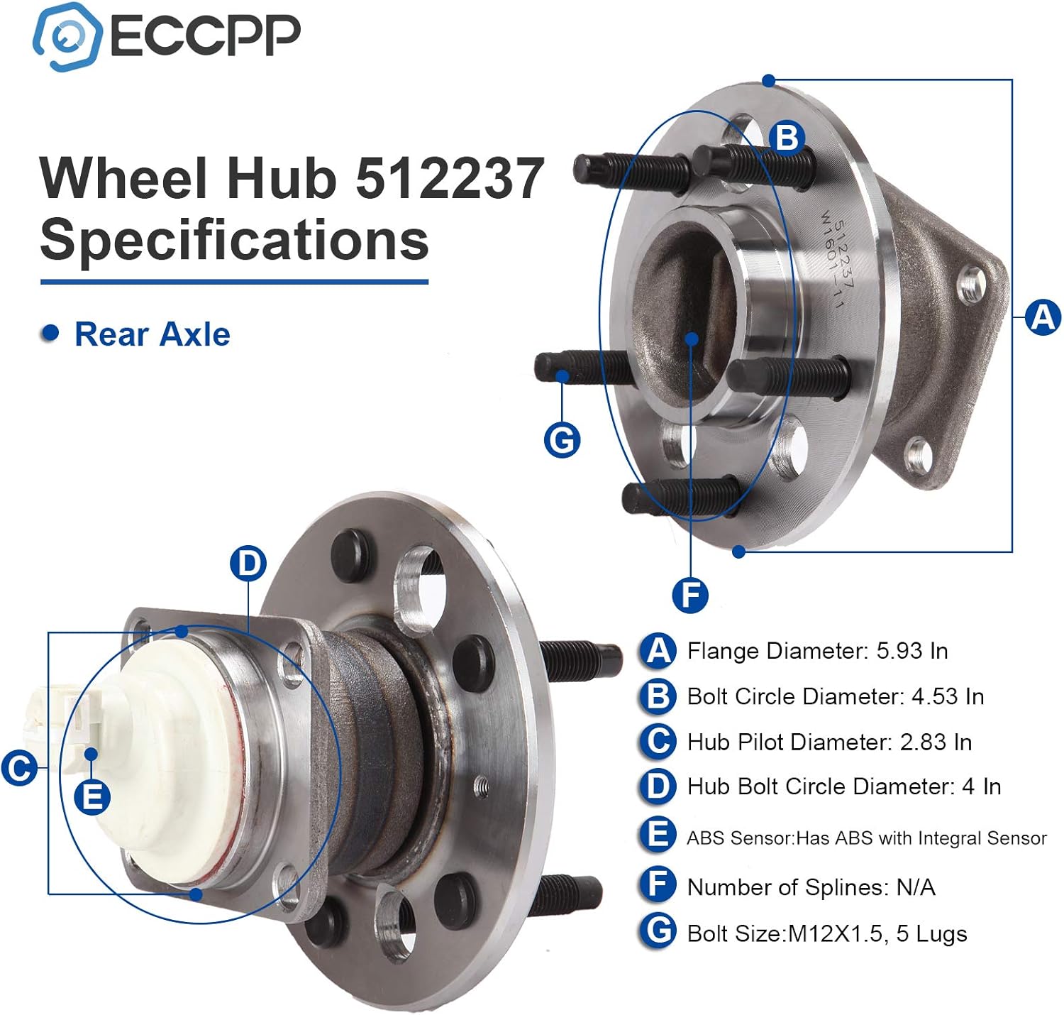 ECCPP Replacement for Pair of 2 New Complete Rear Wheel Hub Bearing Assembly 5 Lugs w/ABS for 2005-2009 Buick Chevy 512237 x2