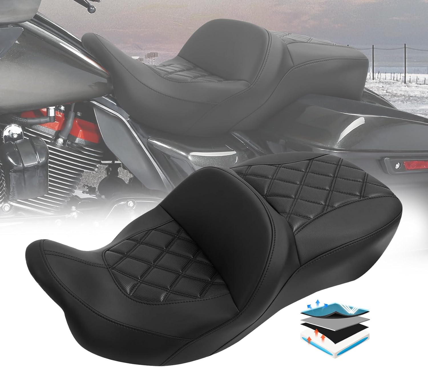 C.C. RIDER Motorcyle Gle Seat Hammock Seat for Harley Davidson Touring 2009-2023 Road King Street Glide Road Glide Electra Glide Tri Glide models