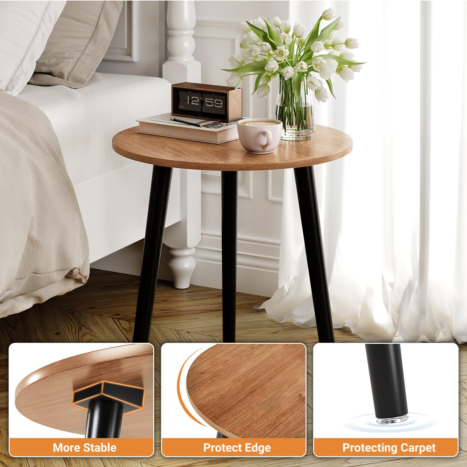 APICIZON Mesa auxiliar redonda de madera - Pequeña, fácil de montar, 42x42x51CM, estilo escandinavo, nogal para salón, dormitorio, balcón, cuarto de flores
