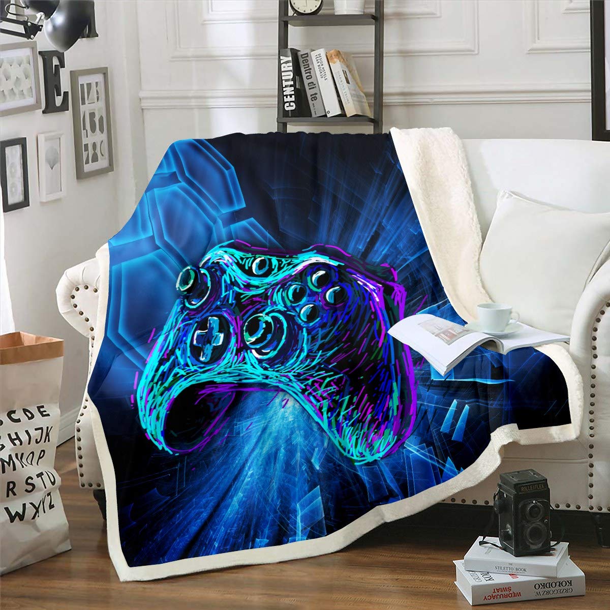 Loussiesd Gamepad Sherpa Blanket Blue Joystick Fleece Throw Blanket KidsBoys Girls Video Game Gamepad Plush Blanket Modern Game Controller Geometric Decor Fuzzy Blanket for Sofa Bed,Single 50x60 Inch — image 1