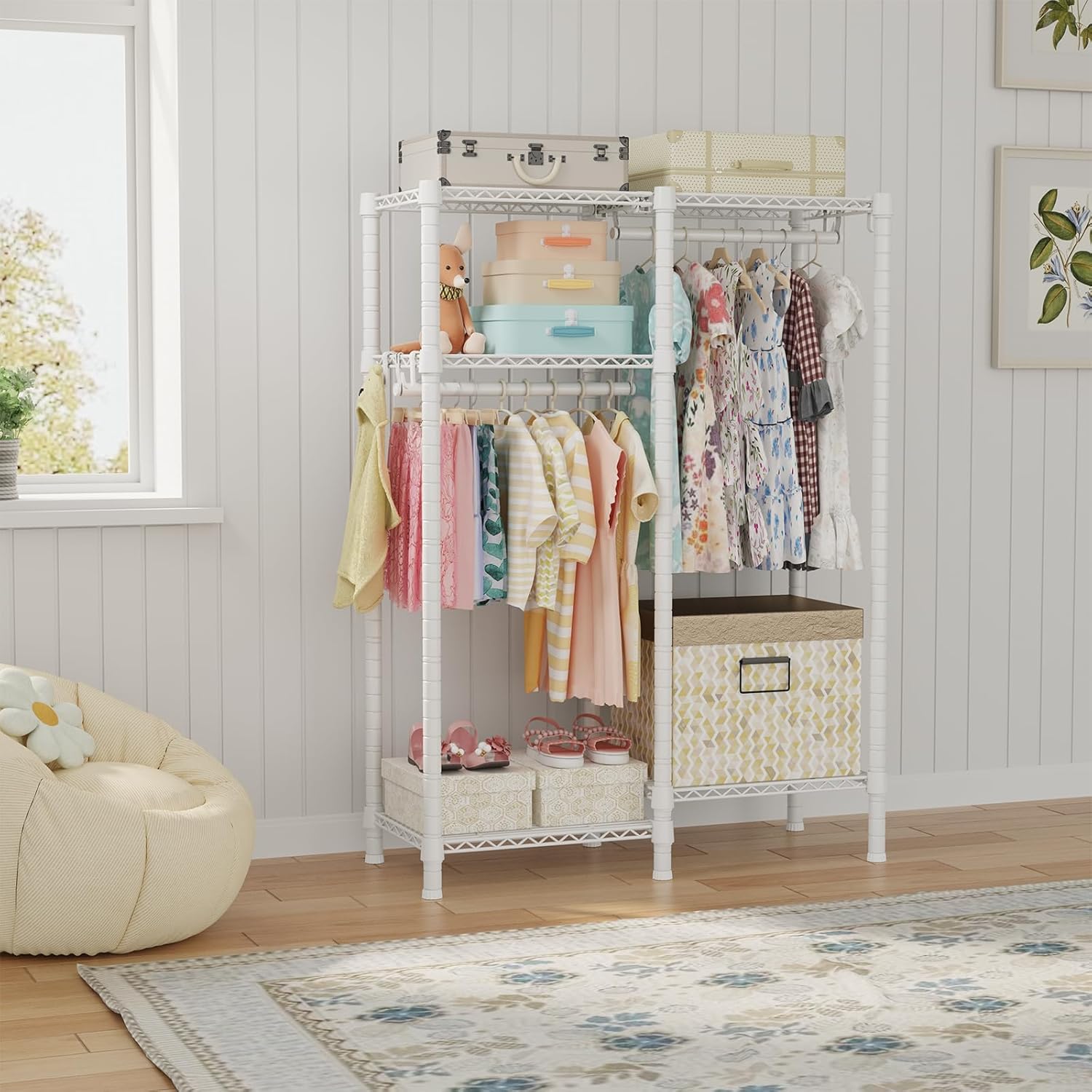 Ulif F1 Garment Rack for Kids, Baby, Students, and Children's Room, 4 Tiers Freestanding and Portable Heavy Duty Closets, Small Metal Clothes Rack with 2 Hanging Rod, 31.2" W x 11.8" D x 48" H, White