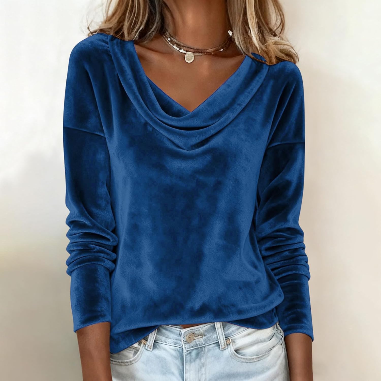 Women's Velvet Shirts, Cowl Neck Long Sleeve Blouse Elegant Dressy Tops Holiday Party Blouses, S-2XL