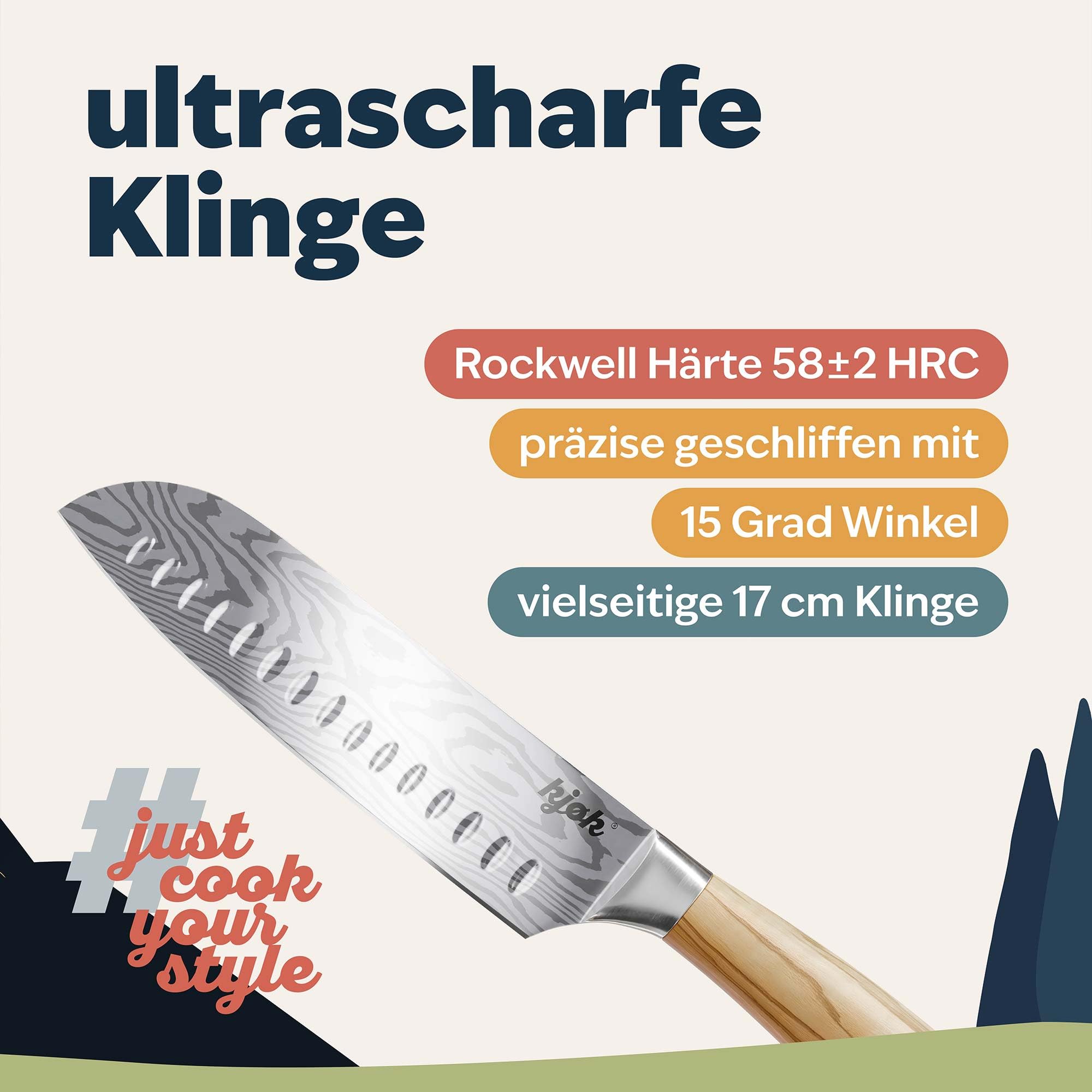 kjøk Premium Santoku-Messer 17 cm (7Cr-Stahl) mit Olivenholzgriff – extra scharfes Allzweck-Küchenmesser für Fleisch, Fisch und Gemüse – asiatisches Kochmesser mit Schutzhülle, nur 177 g