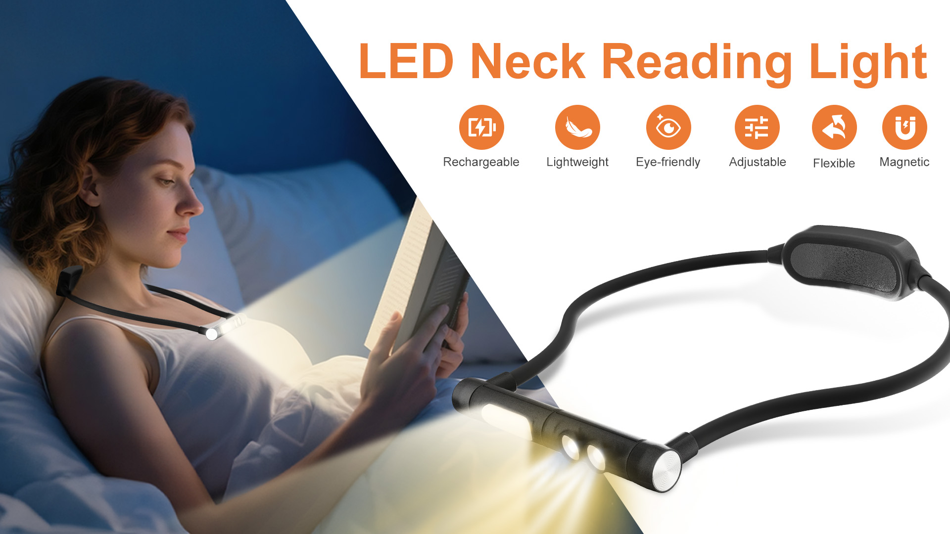 Image of 1800mAh LED Neck Reading Light, Rechargeable Cordless Book Light Bendable | Silicone neck lamp for craft, knitting, cross stitch & reading in bed, Stepless dimming 3 colors, Magnetic lock design