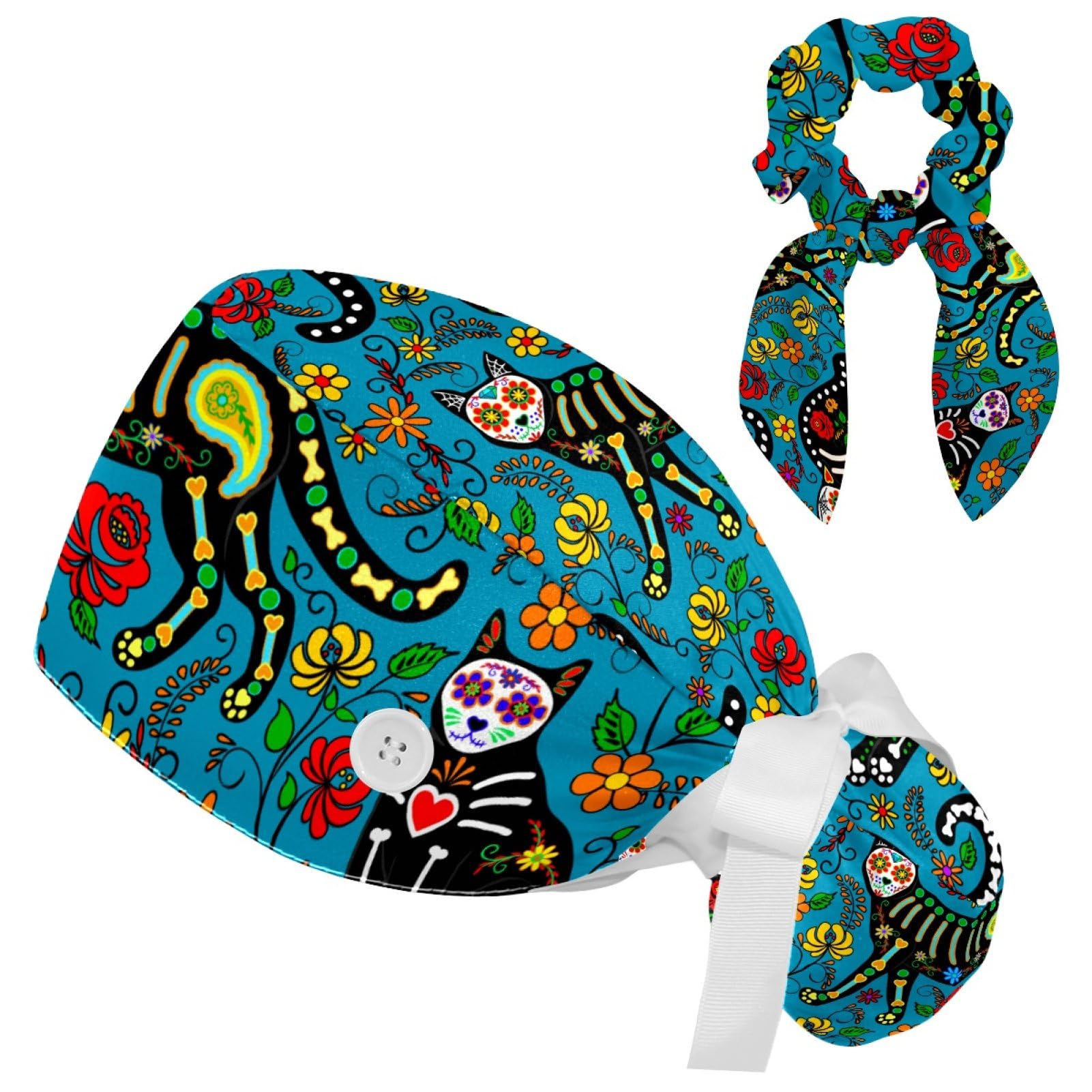 Sugar Skull Black Cats Scrub Cap, Adjustable Tie Back Hat, One Size Working Head Cover for Women Long Hair for Woman