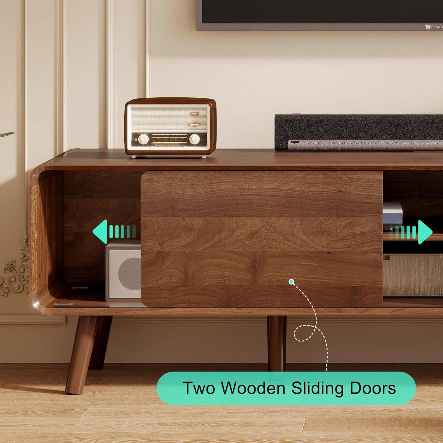 70" Mid Century Modern TV Stand for Tvs up to 80", Entertainment Center with Storage, Sideboard Media Console for Living Room with 2 Sliding Door/Adjustable Shelves, Walnut