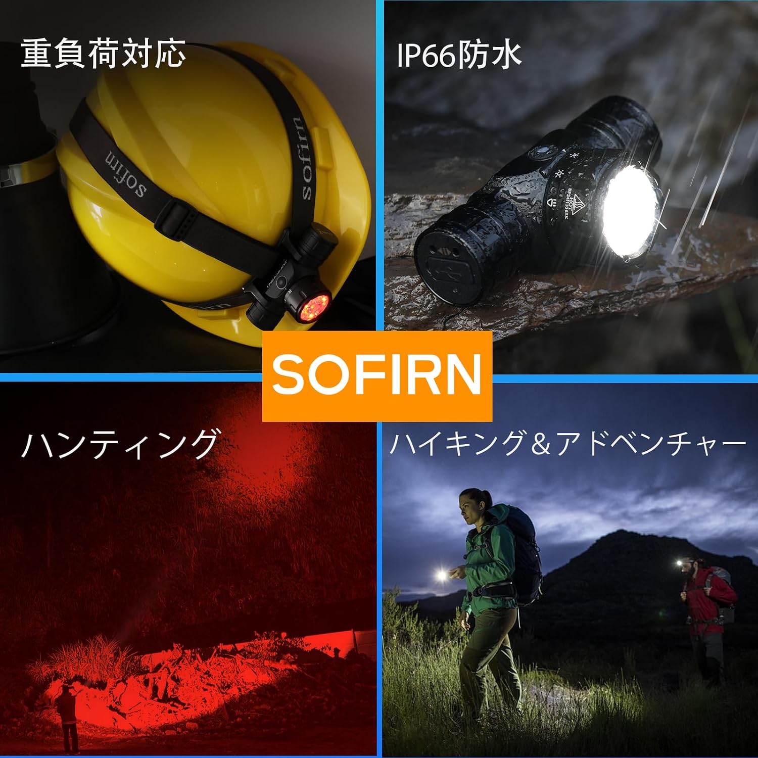 Sofirn HS21 headlamp demonstrating its heavy-duty capability, IP66 waterproofing, and suitability for hunting and hiking.
