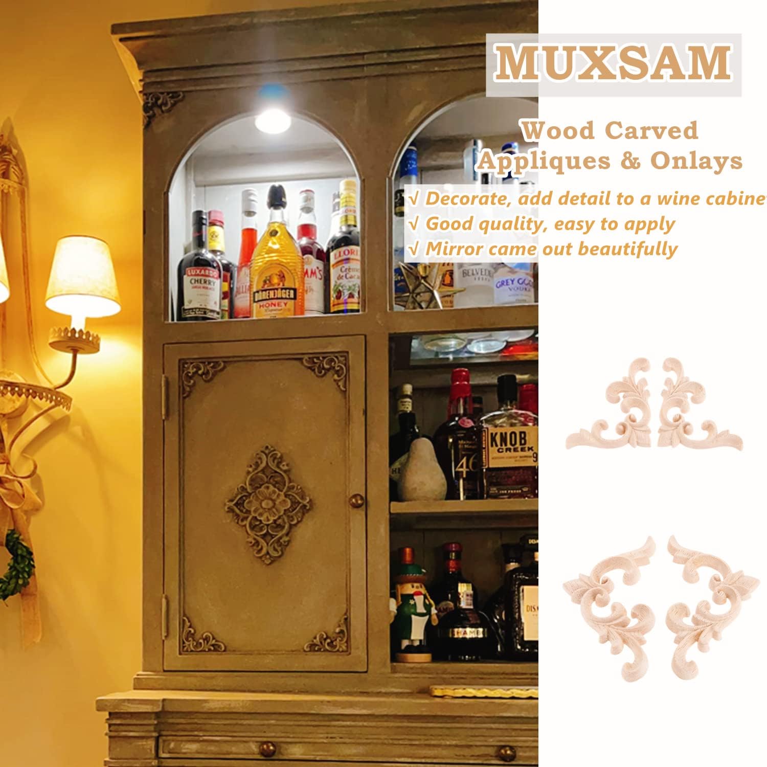 Elegant Carved Wood Corner Onlay Appliques, 2-Piece Set