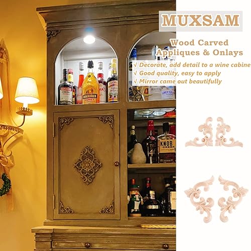 Miniatura 6 de MUXSAM Apliques decorativos de madera, 2 pares de flores talladas de madera sin pintar para armarios, cofres, espejos, cajas, puertas, paredes,