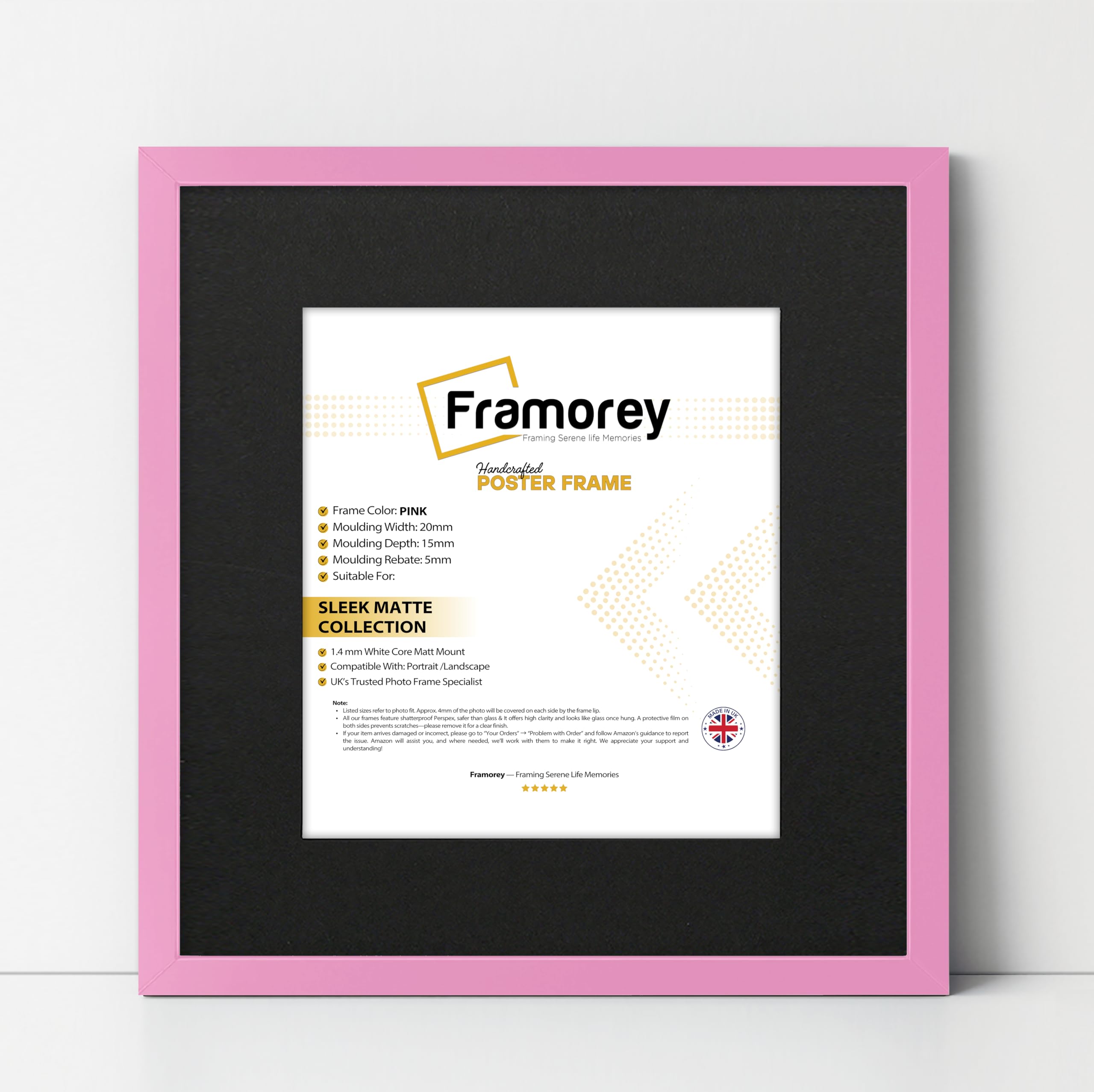 FRAMOREY Square Size Thin Matt Photo, Handmade Flat Thin Picture Frame, 17x17" Size Pink Picture Frame With 15x15" Size Black Mount, Photo Print Frames