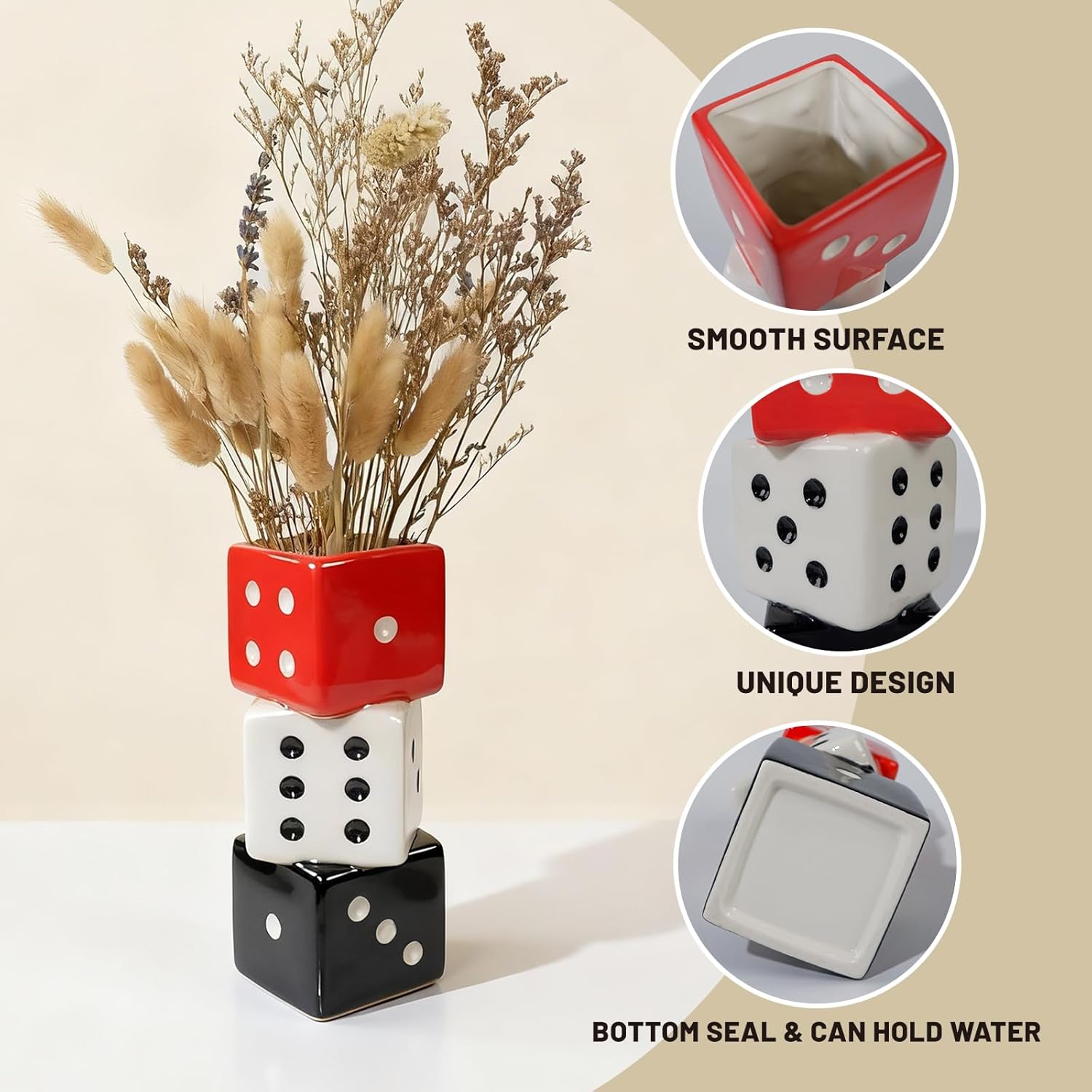 Tnstbiee Triple Dice Vase - Unique Ceramic Small Vase with Wide Mouth | Modern Decorative Flower Vase for Living Room | Perfect for Fresh,Pampas Grass,Roses & Utensils | Ideal Gift for Art Enthusiasts