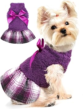 Dog Sweaters for Small Dogs Girl, Sweater Dress, Plaid Hem, Turtleneck, Fluffy Female Clothes Winter Warm Pet Fuzzy Puppy Coat Apparel Outfit Yorkie Chihuahua Clothes,S,Purple