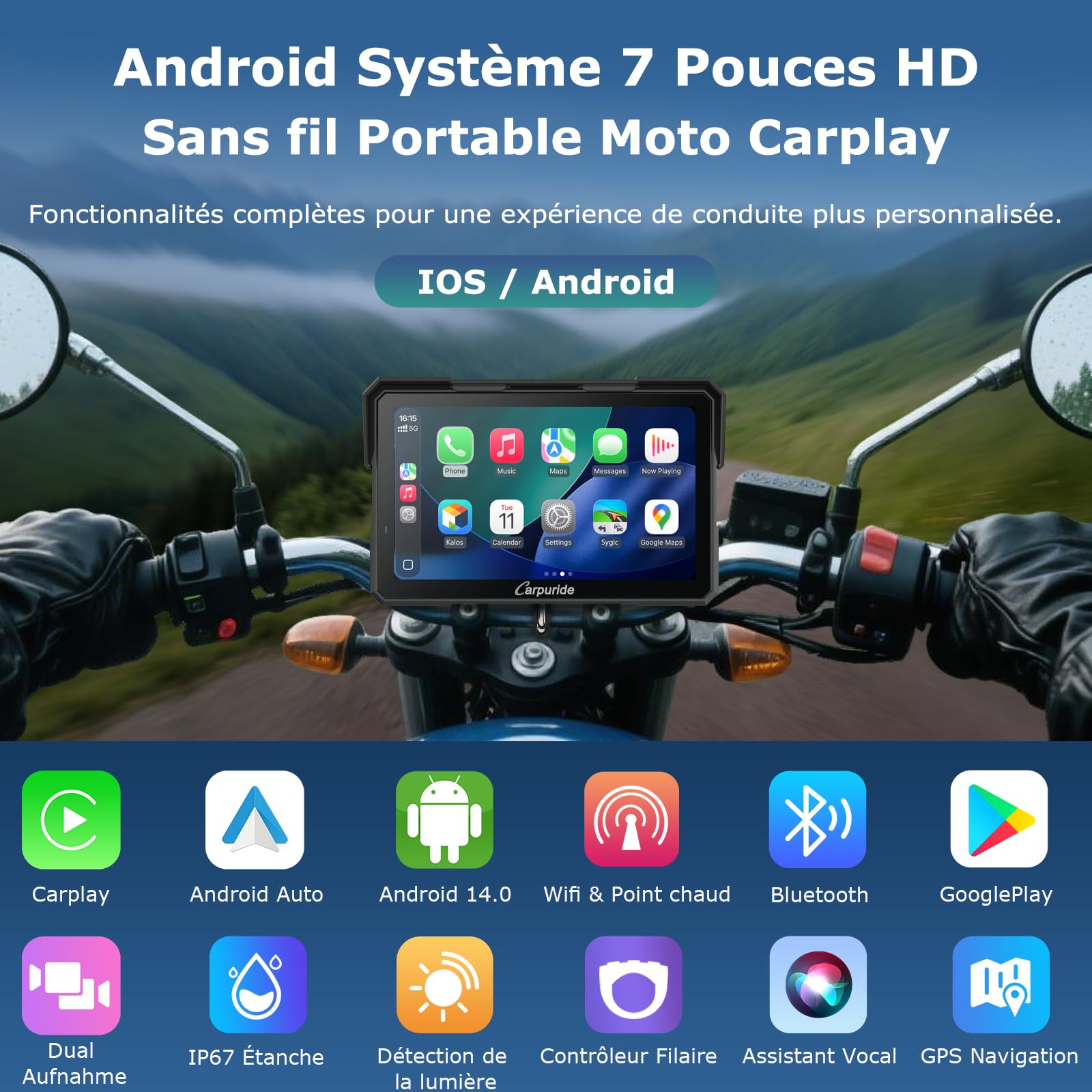 Carpuride W702 Plus Android Moto Carplay Écran Double Caméra Audio BT | Sans Fil CarPlay et Android Auto, écran Tactile étanche 7", Enregistrement en Boucle, Navigation en Ligne/Hors Ligne.