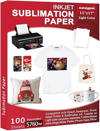 Papel de sublimación de 11 x 17 pulgadas, 100 hojas de 4.41 oz/m², para impresora de inyección de tinta con tinta de sublimación Epson, Sawgrass,