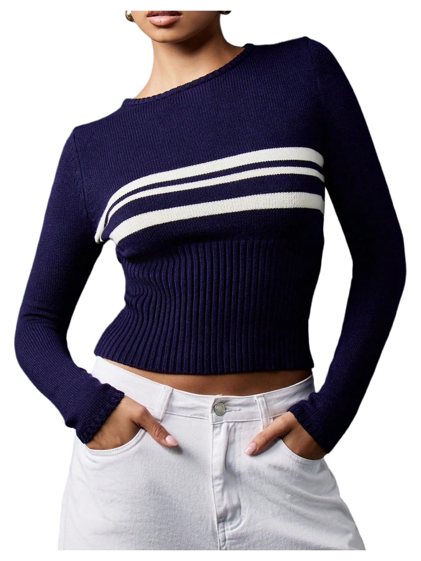 Floerns Womens Casual Striped Sweaters Crewneck Fall Outfit Knit Pullover Tops