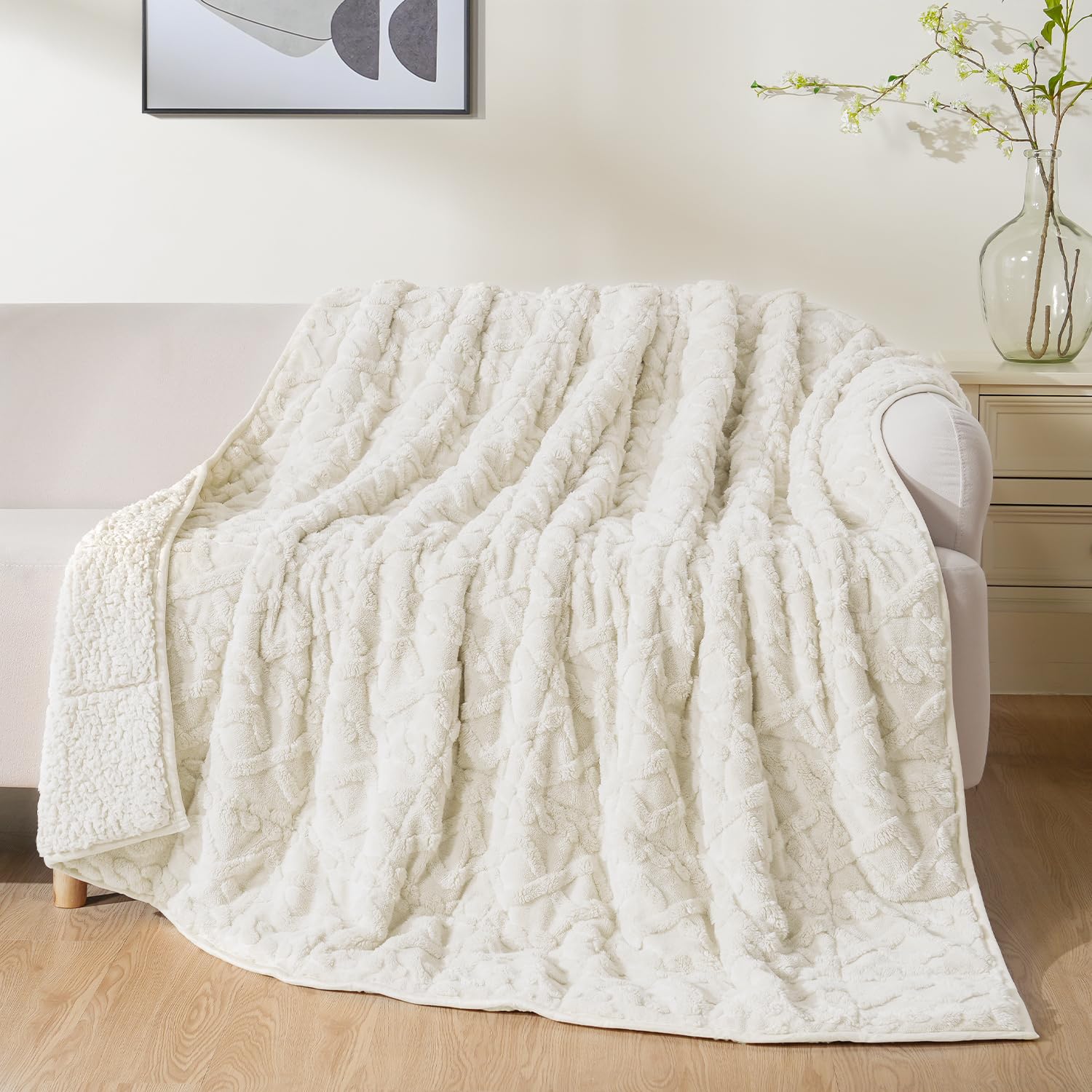 Uttermara Weighted Blanket for Adults Queen Size 20lbs 60x80 inches, Dual Sided Soft Jacquard Sherpa Weighted Blankets, Thick Heavy Blanket for Sleeping and Calming, Cream