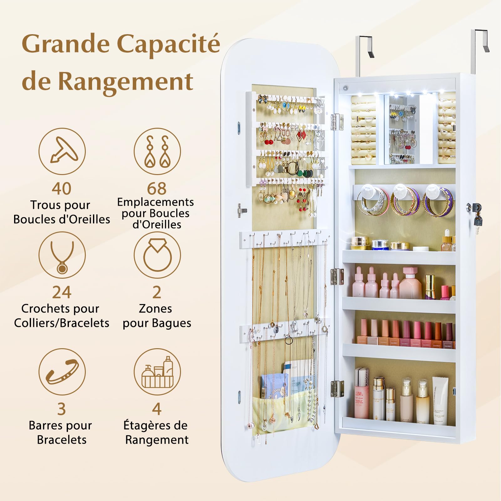 RELAX4LIFE Armoire à Bijoux, Miroir Mural Élargi avec Rangement Bijoux