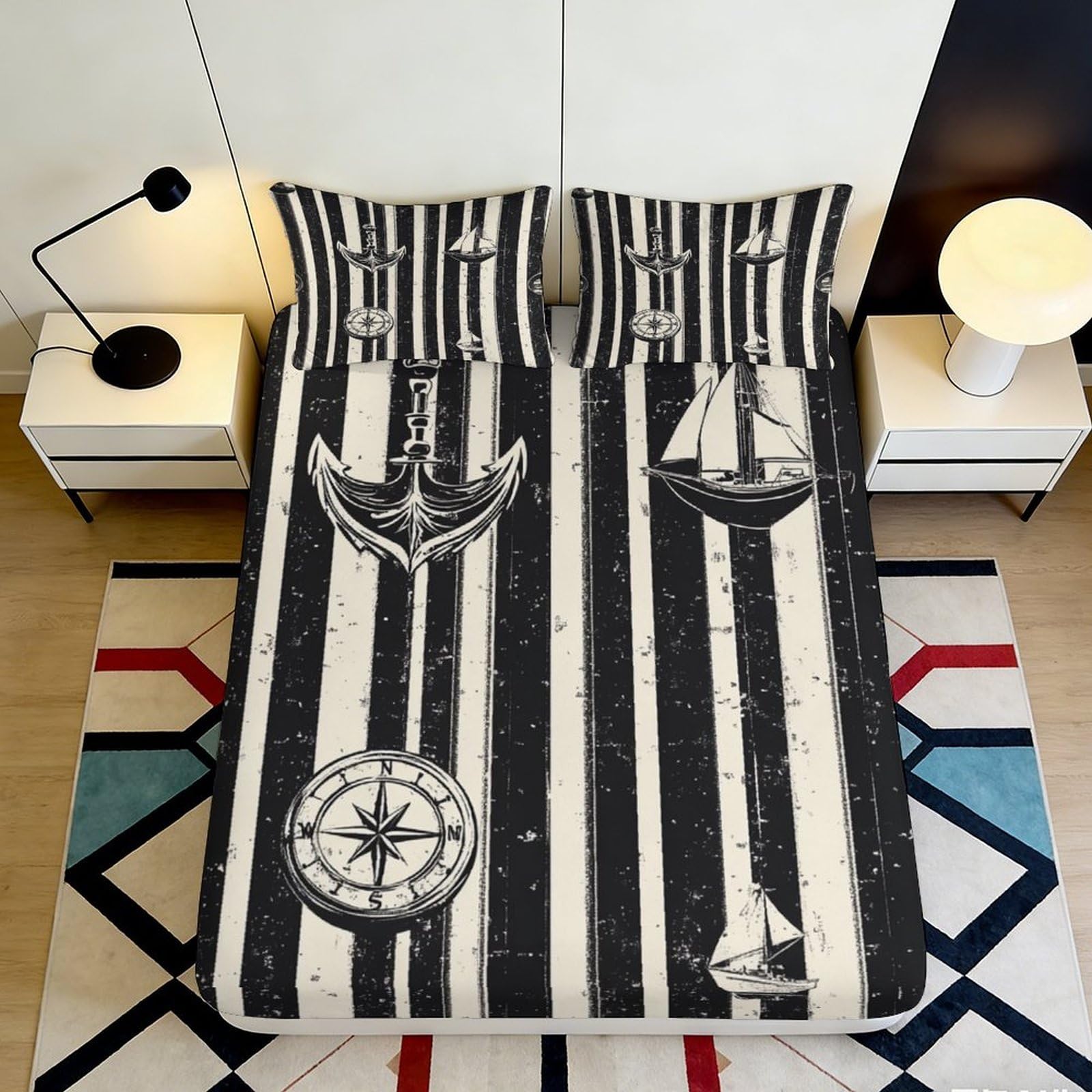 Pnayamiorkfel Style-5 3D Printed Nautical Stripe Fitted Sheet Microfiber Anchor Sailboat Mattress Cover Black White For Bedroom Guest Room Home Decor 90X200x25cm