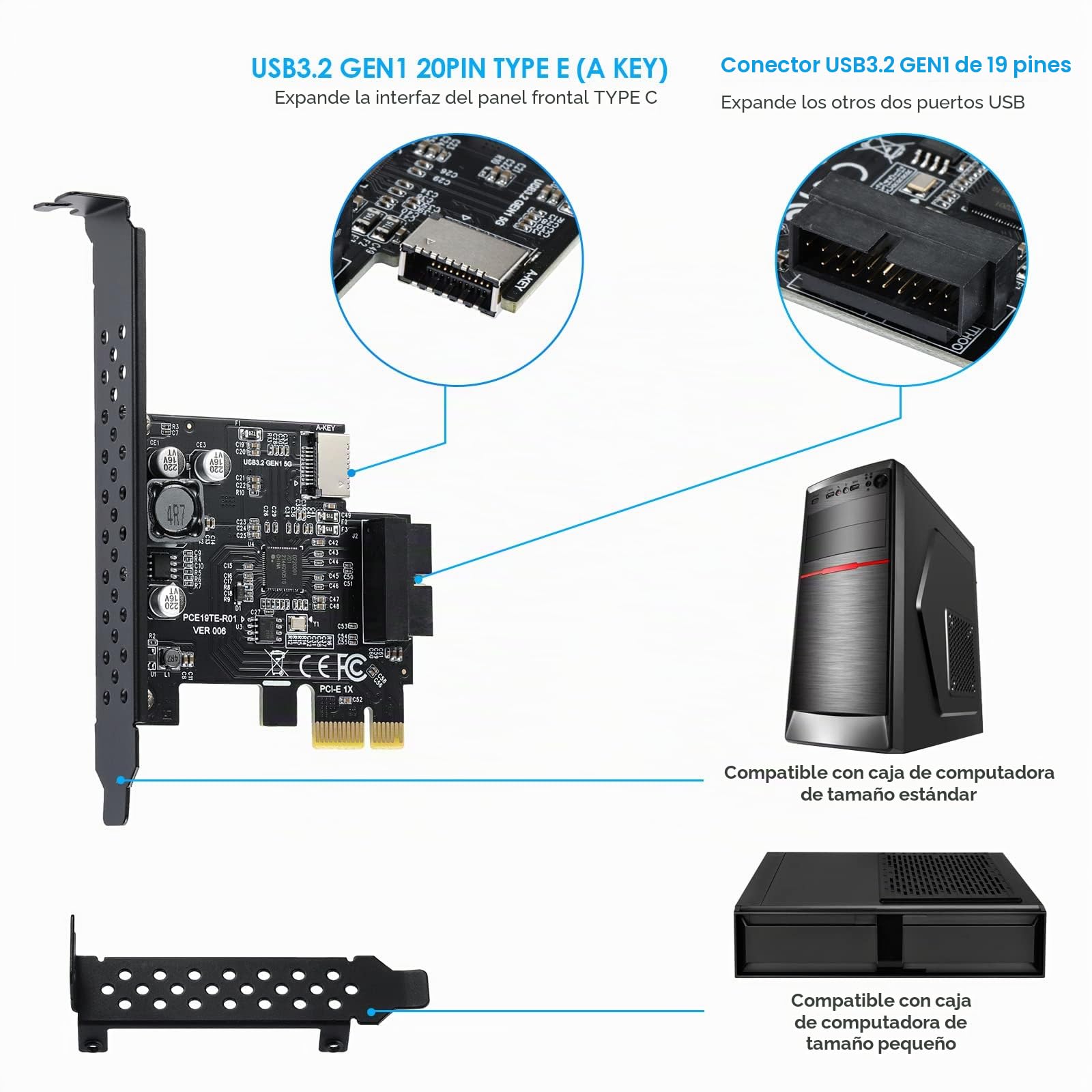 PCIE SATA Tarjeta de Expansión USB 3.2 GEN1 5Gbps Tipo E Tecla A y USB 3.0 19pin Panel Frontal Tarjeta de Expansión Compatible con XP/WIN7/WIN8/Vista/WIN10/WIN11 32BIT/64BIT/Linux