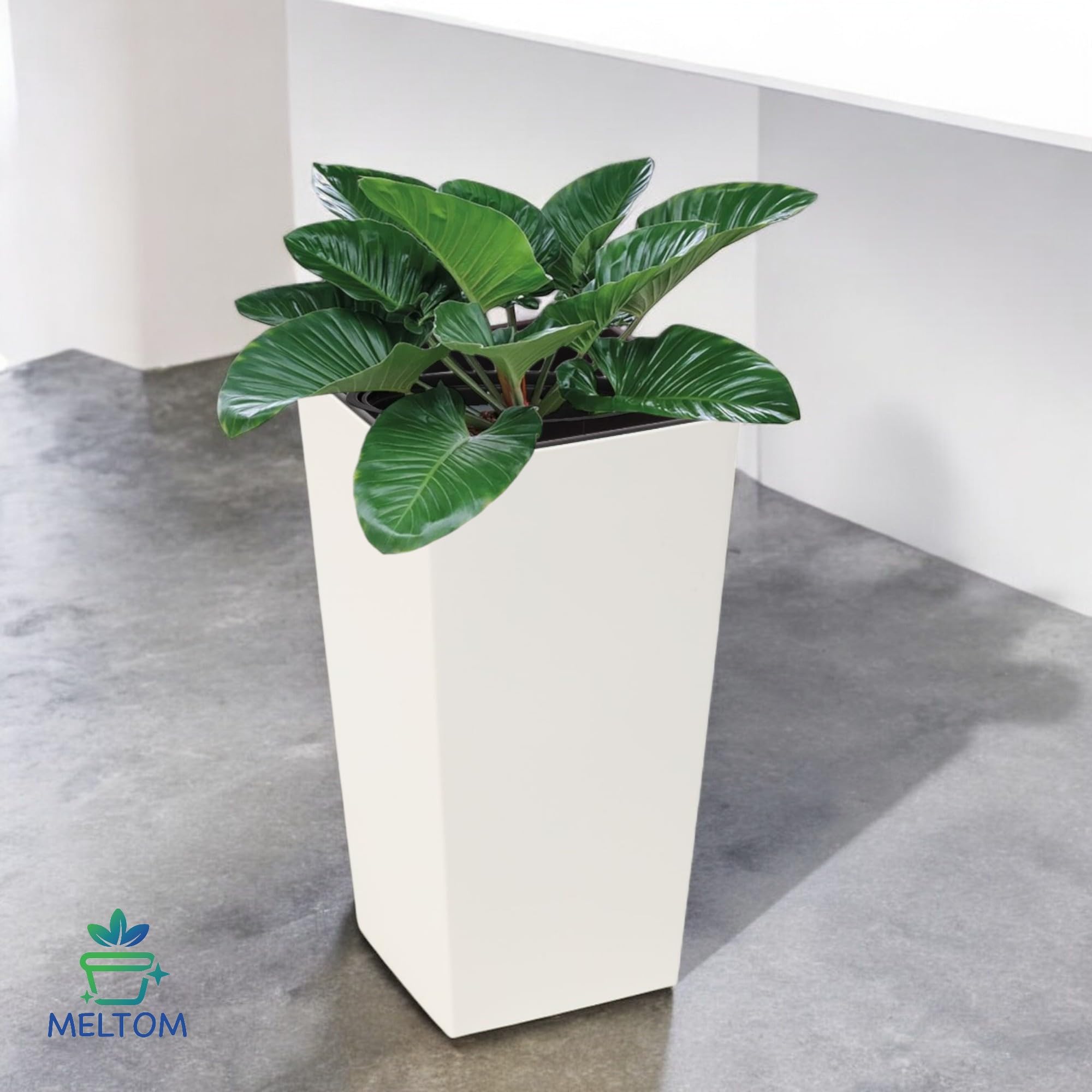 Macetero XL Maceta Grande con Sistema de Riego de Plástico en Color Crema con Accesorio Extraíble, 30 x 30 x 57 cm
