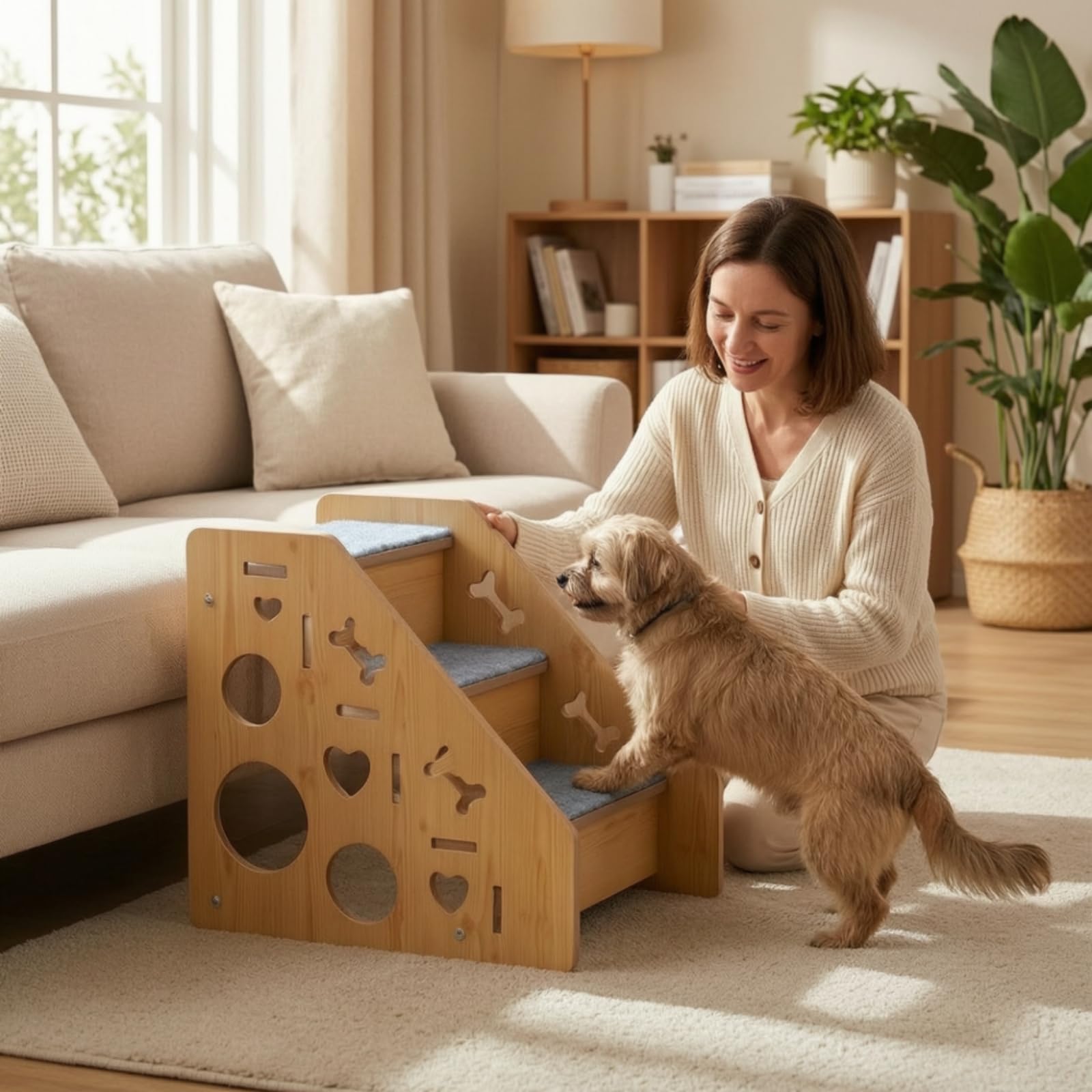 Scalini in Legno per Animali Domestici con Rivestimento in Moquette Antiscivolo E Design con Laterali Adatta per Cani Piccoli E Anziani per Letto E Divano