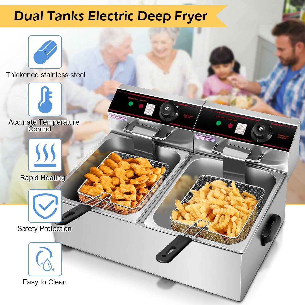 Safstar Professional Electric Deep Fryer, Dual Tank Stainless Steel Chicken Chips Fryer with Basket Scoop for Commercial Restaurant Countertop Family Food Cooking