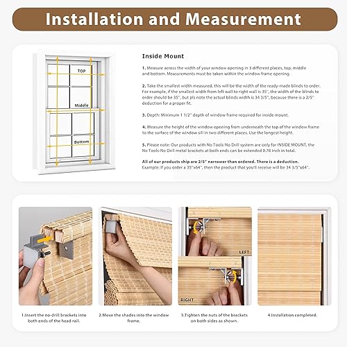 Miniatura 6 de LazBlinds Persianas romanas de bambú inalámbricas sin herramientas, sin taladro, tratamiento de ventana personalizado para filtrar la luz, persianas