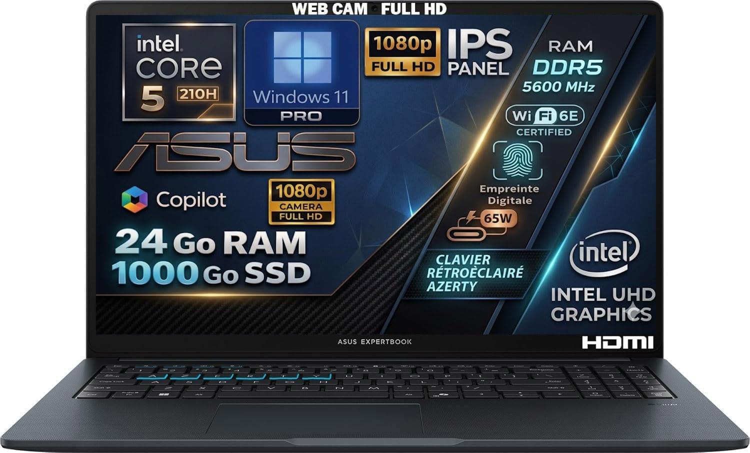 ASUS Ordinateur Portable, Intel Core i5 210H 14ᵉ Gén 4.8 GHz, RAM 24Go DDR5, SSD 1To, Écran 15.6" FHD IPS, WiFi6E, Copilot IA, CAM 1080p, Clavier AZERTY Rétroéclairé, Empreinte Digitale, Win11 Pro