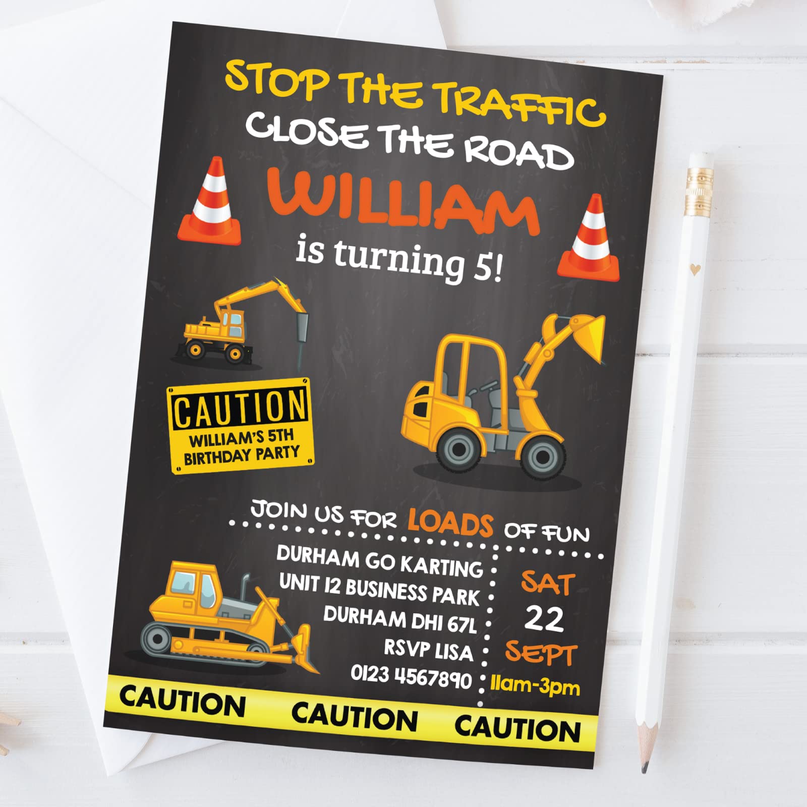 Personal Moments Yellow|Black|Grey 10 Personalised Digger Jcb Construction Builder Birthday Party Invitations Invite