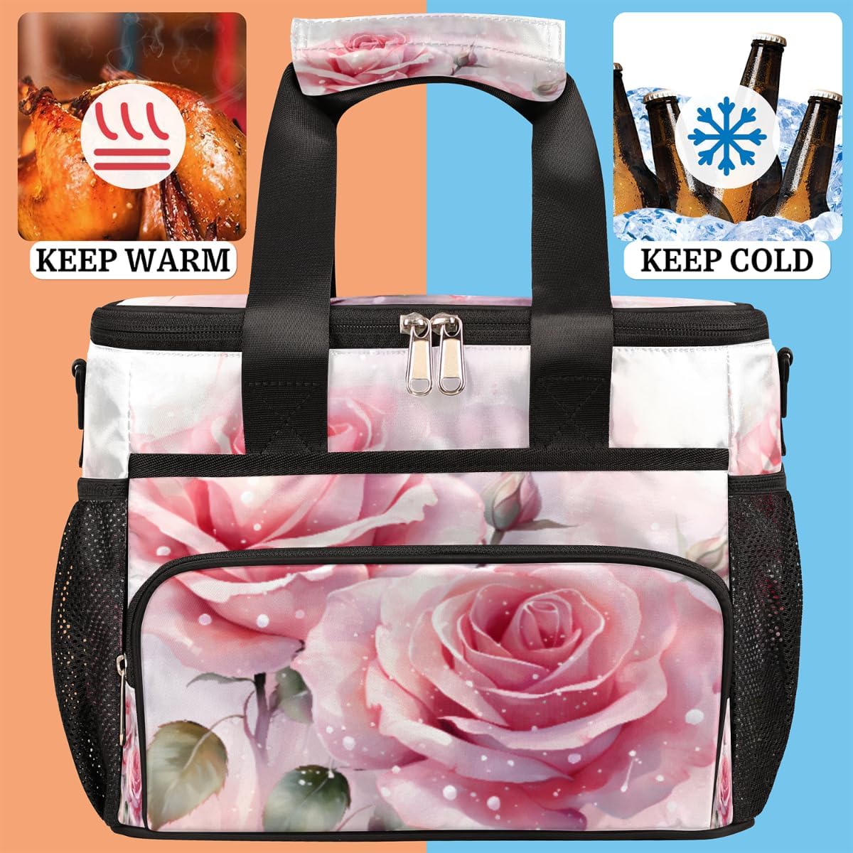 Blooming Flower Insulated Picnic Backpack Lunch Box for Women Men Picnic Basket Tote Lunch Bag Picnic Bag Portable Lunch Bags for Picnic, Beach, Work, Trip,Office, Camp Roses